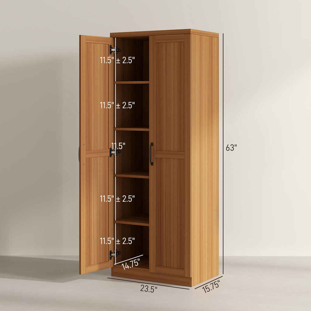 63" 2-Door Kitchen Pantry, Freestanding Cabinet with 2 Adjustable Shelves for Dining Room, Cinnamon Teak Wood Grain