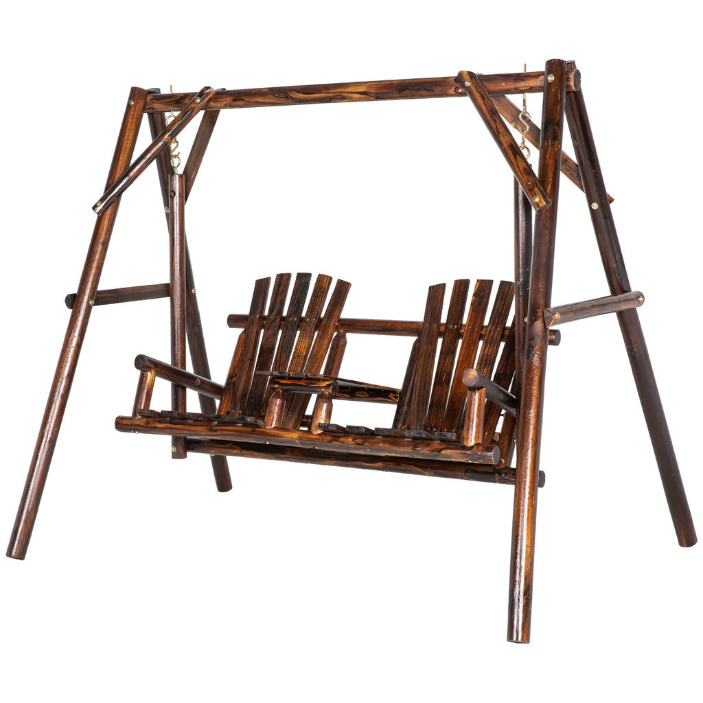 Wooden Porch Swing with Stand, 2-Seat Patio Swing Chair with Center Table, for Garden, Poolside, Backyard