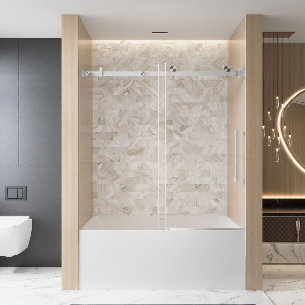 Frameless Shower Door with Anti-Shatter Safety Film and Bottom Water-Blocking Strip, Panel for Bathroom, 60" L x 0.5" W x 60" H, Brushed Nickel