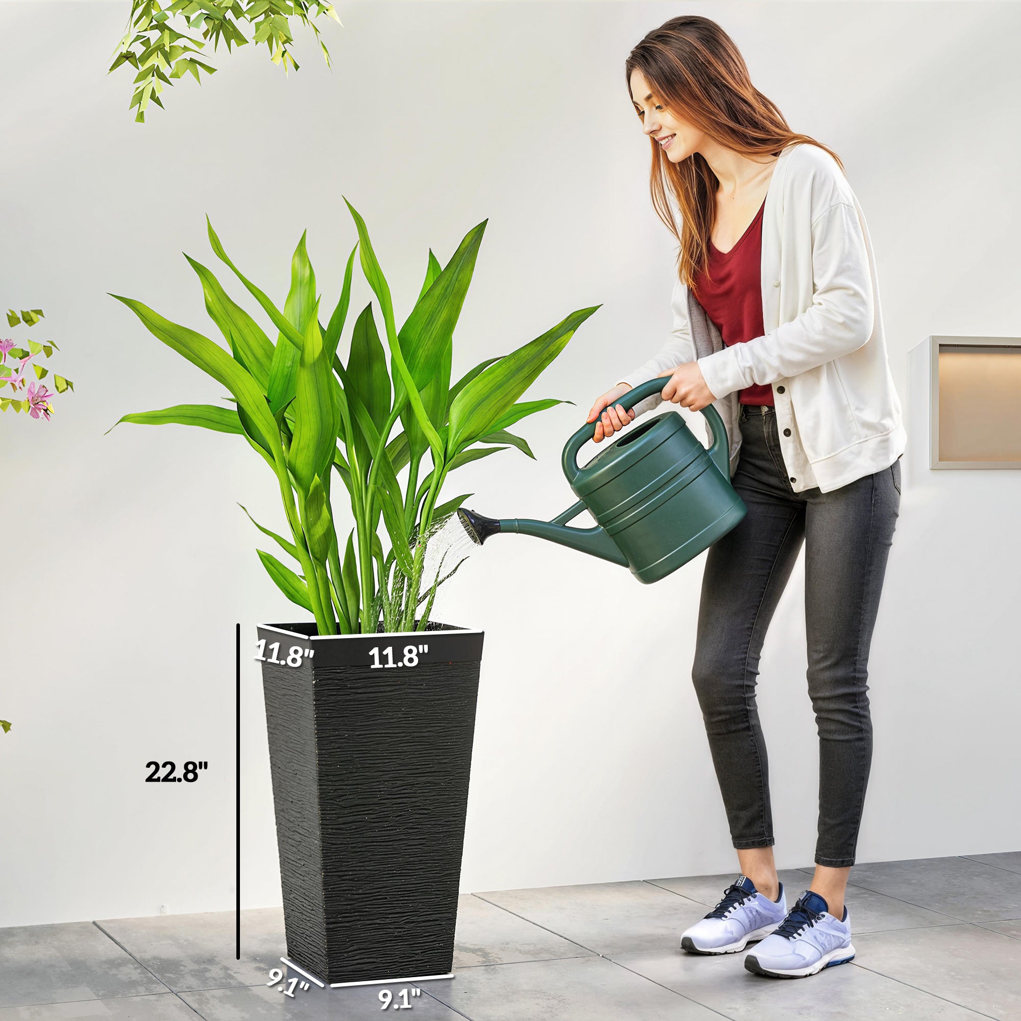 22.8 Inch Set of 3 Outdoor Planters with Stone Finish and Wheels, Stackable Tapered Planters with Drainage Hole, Black