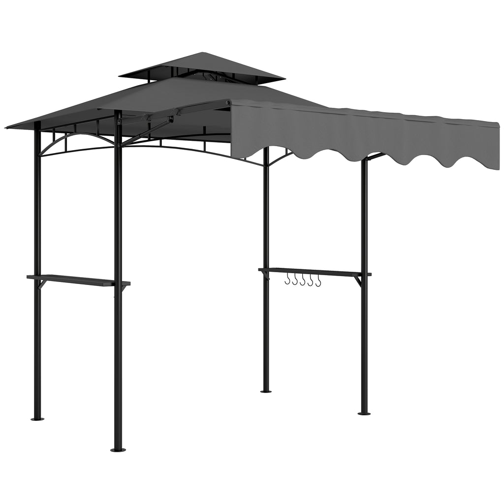 8' x 7.6' Outdoor Grill Gazebo, Barbecue Gazebo Shelter with Side Awning, 2 Side Shelves and 6 Hooks, Dark Gray