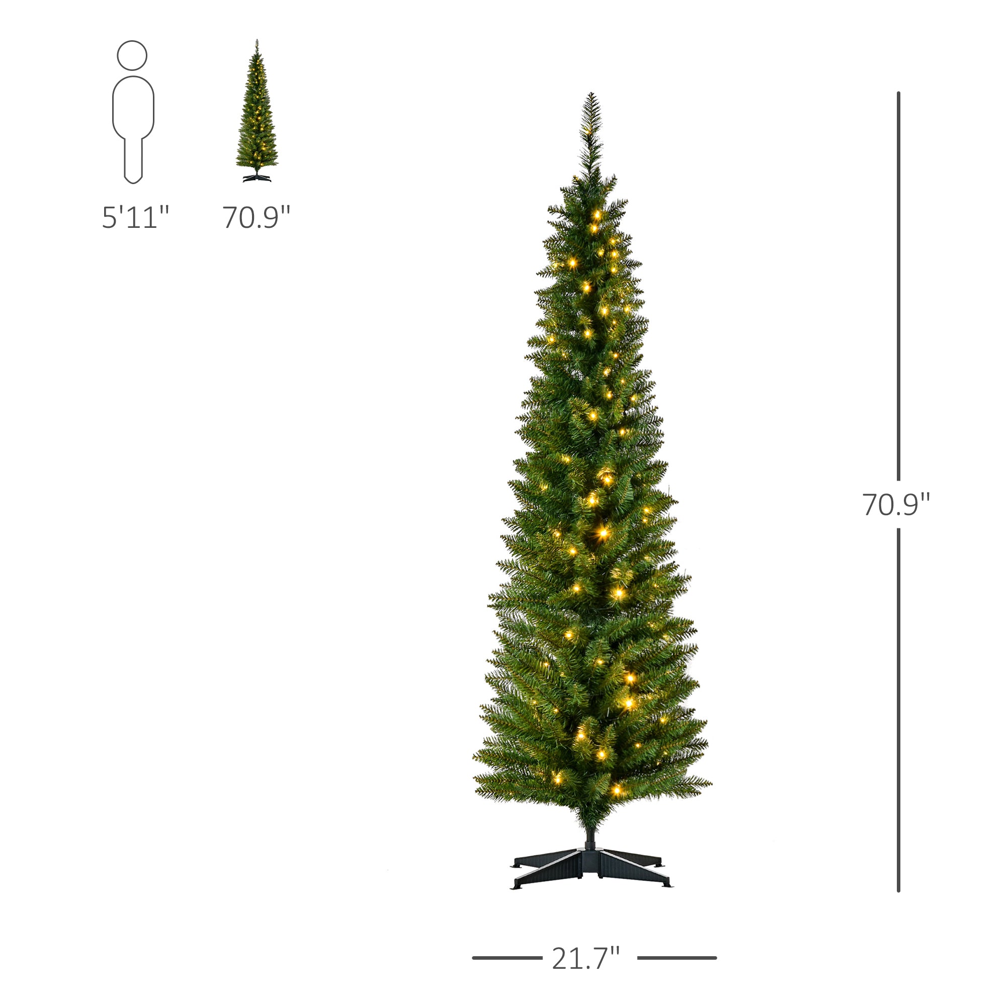 6' Tall Pre-Lit Slim Noble Fir Artificial Pencil Christmas Tree with 200 Warm White LED Lights and 390 Tips, for Christmas Decoration, Green