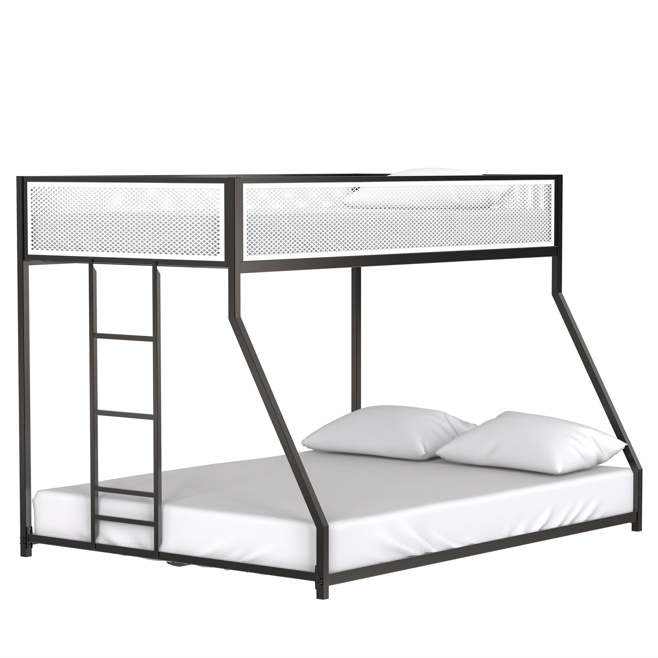Twin Over Full Bunk Metal Bed Frame with Mesh Guard Rail, Adjustable Ladder, and Noise-Reducing EVA Pad, for Kids Bedrooms, Black