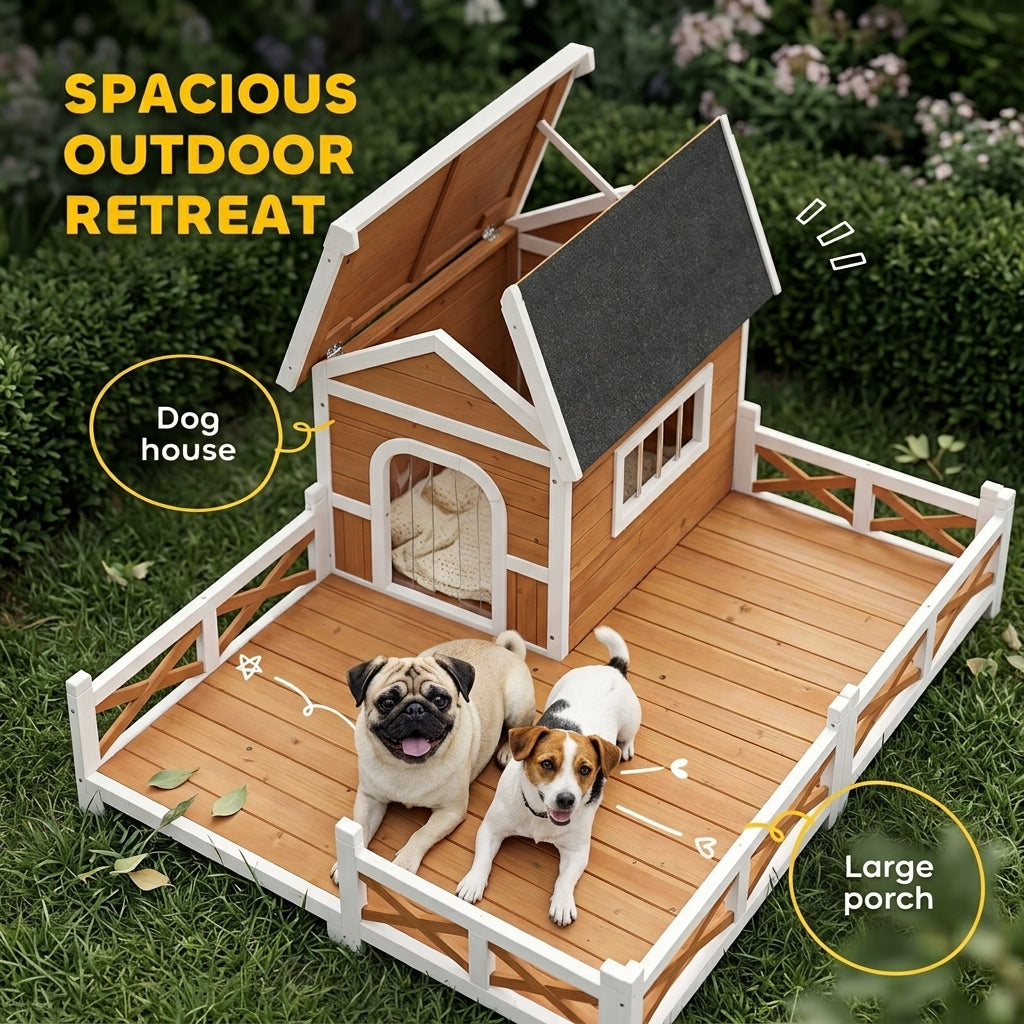 Outdoor Wooden Dog House, Dog Shelter with Large Porch, Weatherproof & Openable Roof, Elevated Base, Removable Floor