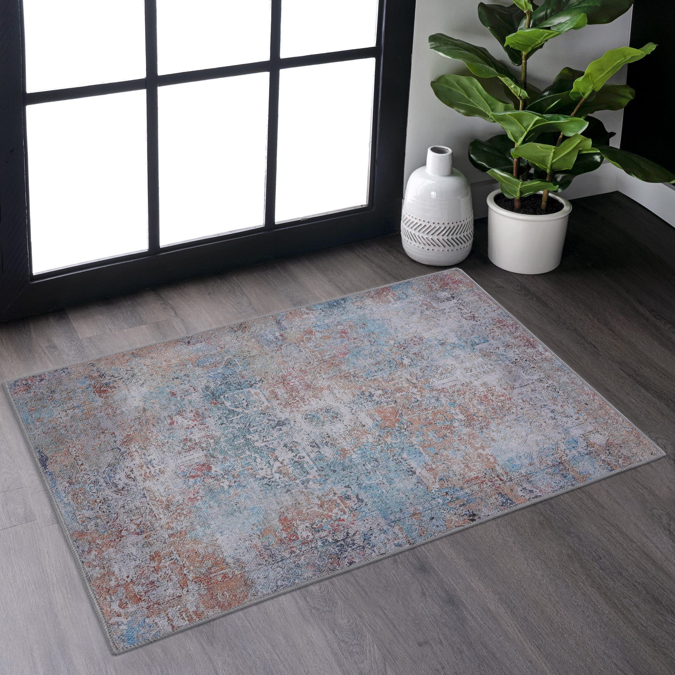 2x3 Kid and Pet Friendly Machine Washable Area Rug, Low-Pile, Non-Slip, Non-Shedding, Foldable Bath Mats for Bathroom, Living Room, Multicolor
