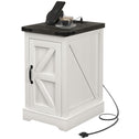 Farmhouse End Table with Storage, Side Table with Charging Station and USB Ports for Living Room, Distressed White