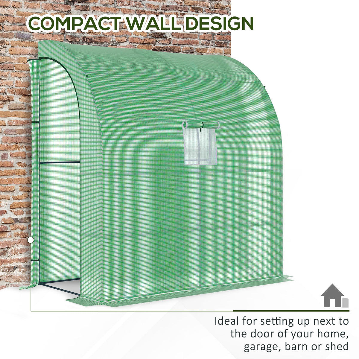 7' x 3' x 7' Lean to Greenhouse, Walk-In Green House, Plant Nursery with 2 Roll-up Doors and Windows, PE Cover and 3 Wire Shelves, Green
