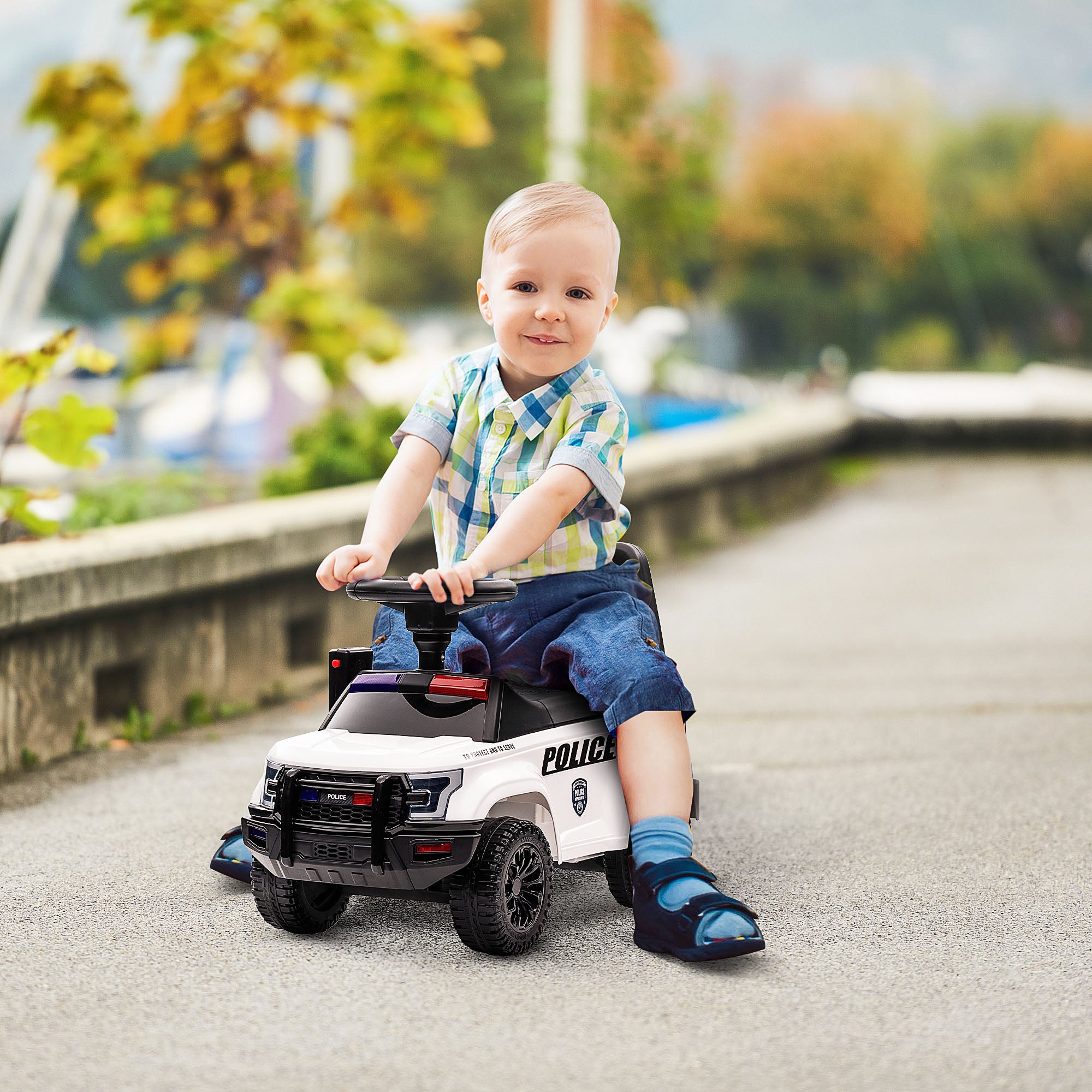 Kids Push Ride On Car with Working PA System and Horn, Police Truck Style Foot-to-Floor Sliding Car for Boys and Girls with Under-Seat Storage, for 18 Months to 5 Years Old, White