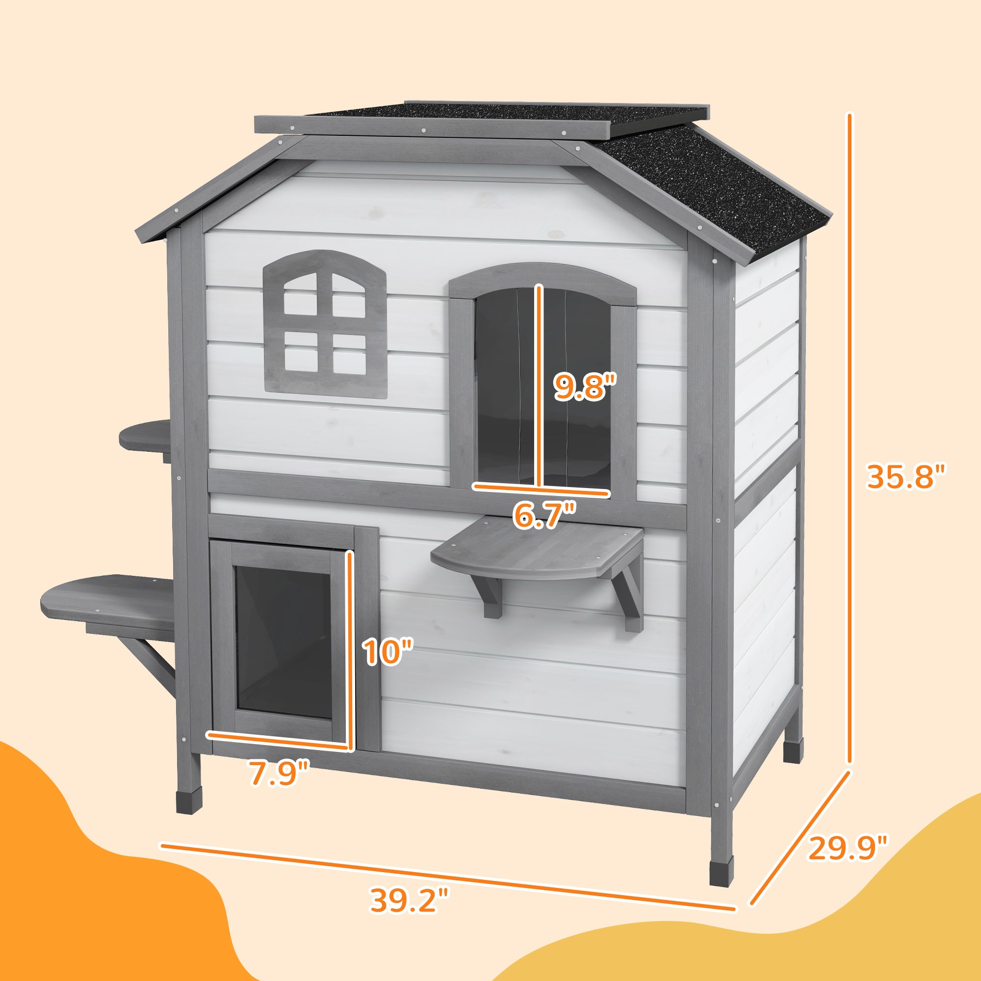 Wooden 2-Story Outdoor Cat House, Feral Cat Shelter Kitten Condo with Openable Asphalt Roof and 4 Platforms, White