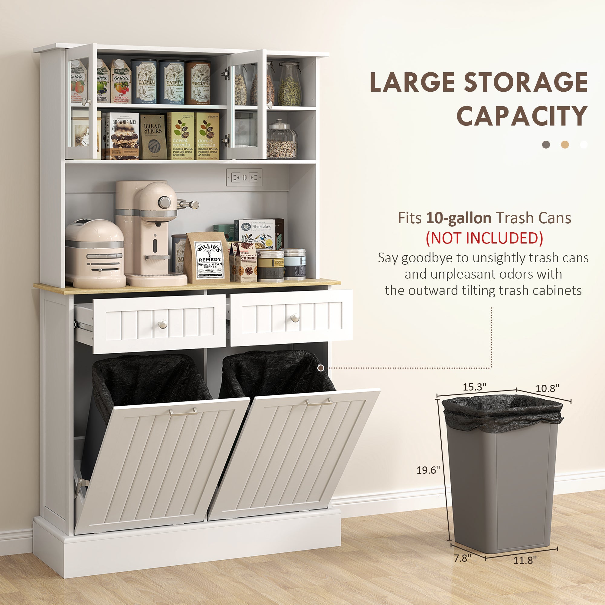 Kitchen Cabinet with Charging Station, 2 Tilt Out Cabinets, Microwave Stand, Freestanding Kitchen Pantry Cabinet, White