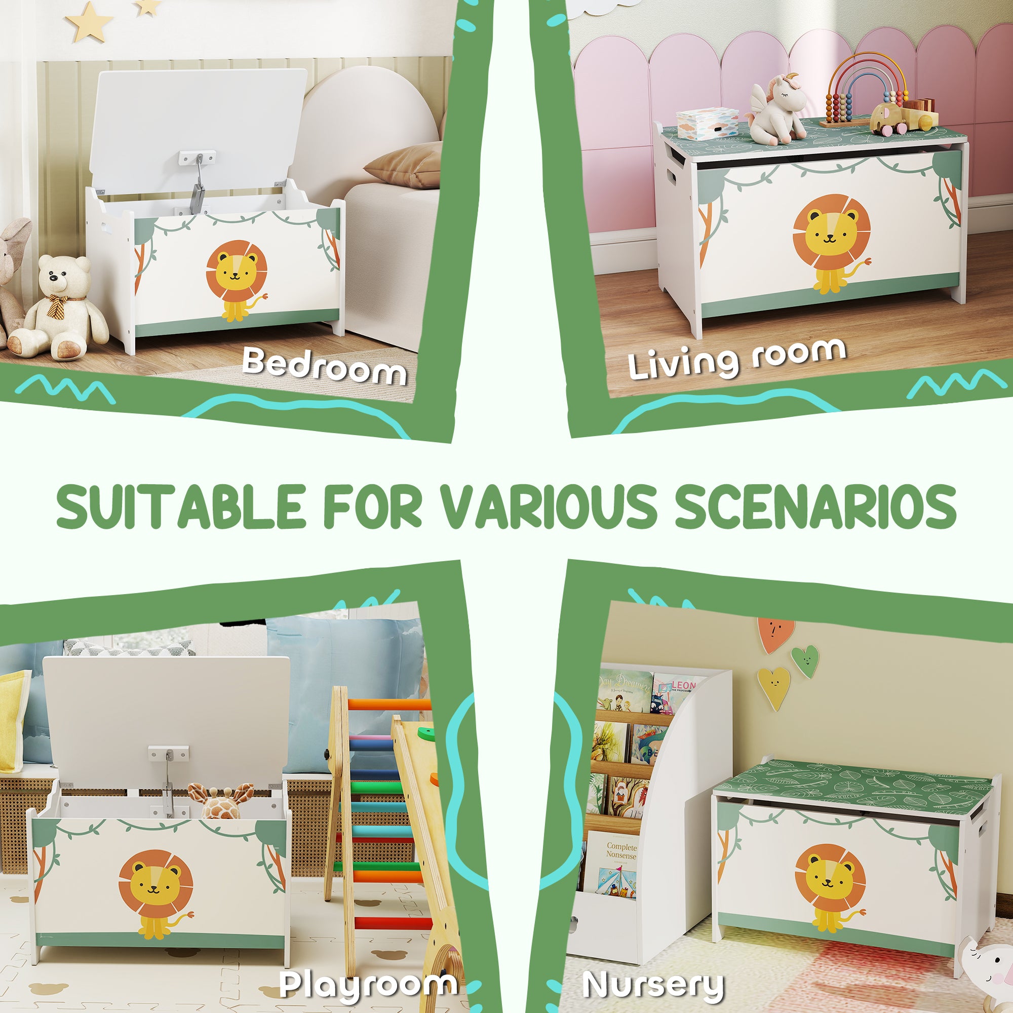 Toy Box with Lid, Safety Hinges and Groove Handles, Toy Storage Organizer for Kids, Living Room, Playroom, Green