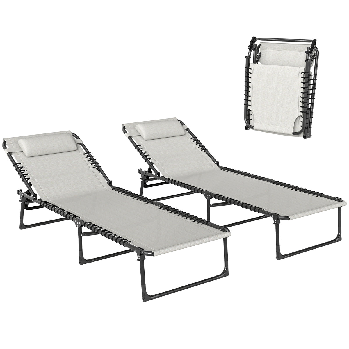 2 Folding Chaise Lounge Pool Chairs with 4-Position Reclining Back, Pillow, Breathable Mesh & Bungee Seat, Dark Blue