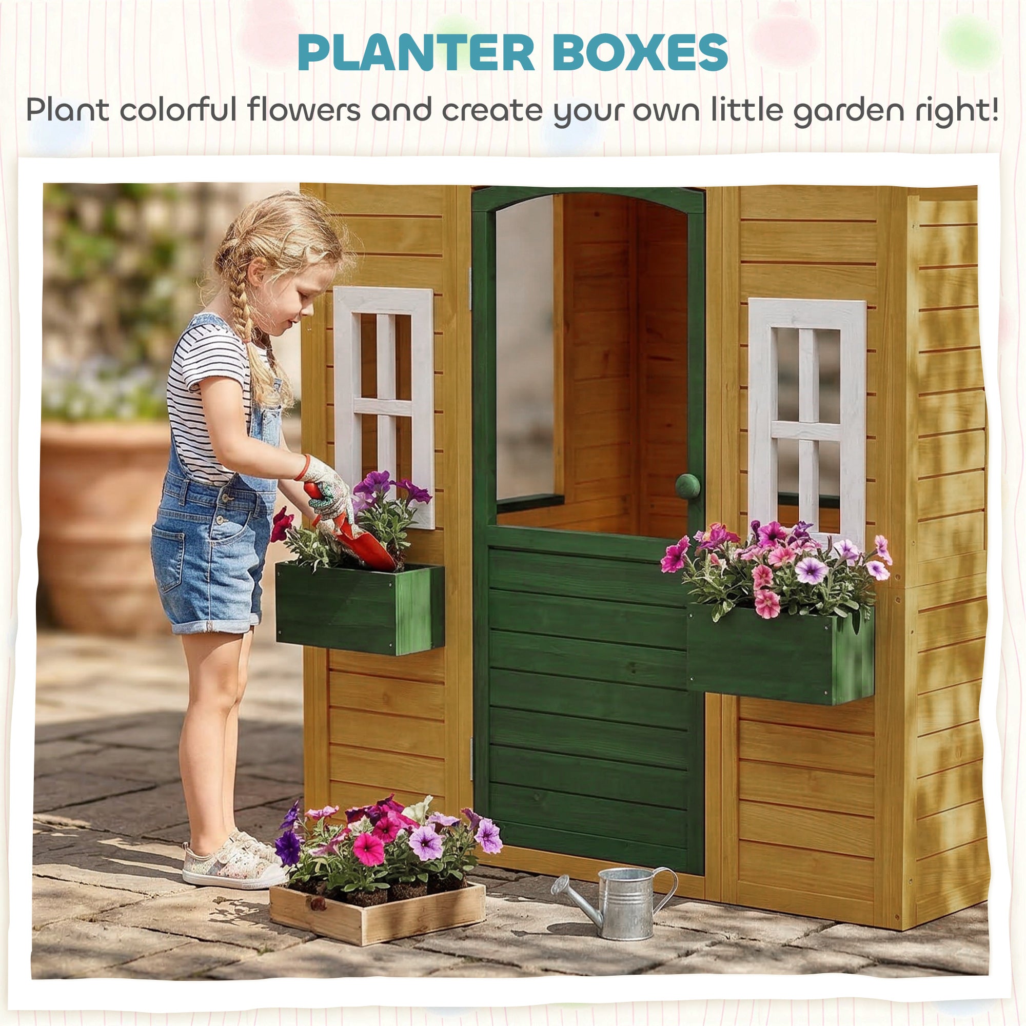 Outdoor Playhouse, Wooden Kids Playhouse with Door, 3 Windows, 2 Flower Boxes for Garden, Indoor Playroom, Ages 3–8