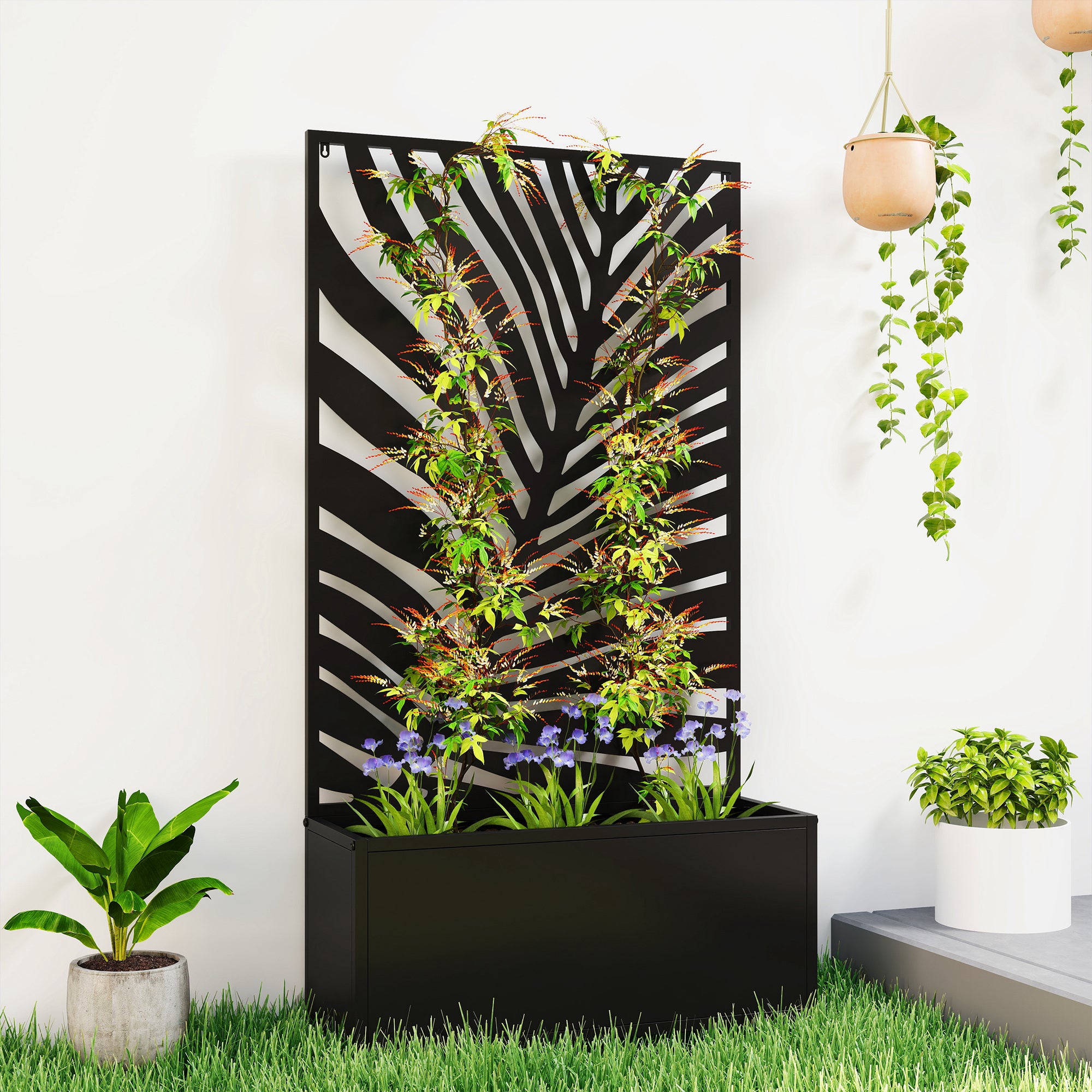 Metal Garden Bed with Trellis for Climbing Plants, Freestanding or Wall Mounted Flower Bed for Garden, Patio, Balcony