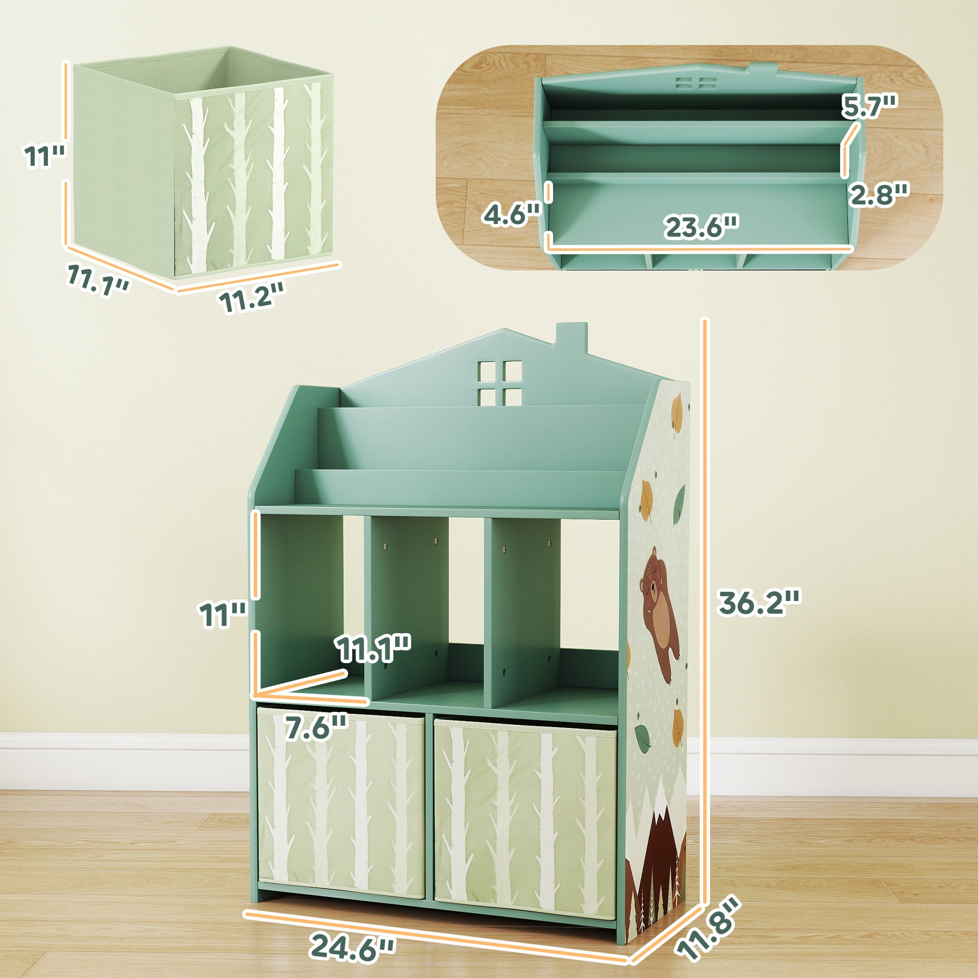 Kids Bookshelf with Storage, Toy Storage Unit with Book Display, Shelves and Fabric Drawers for Playroom Nursery, Green