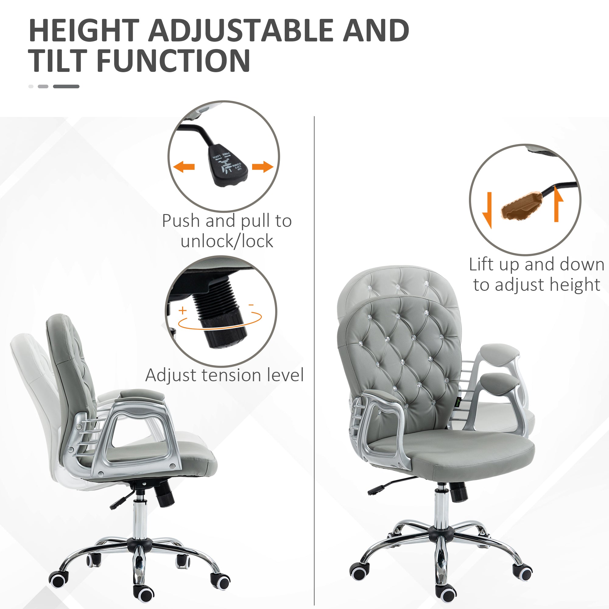 Button Tufted Desk Chair, Home Office Chair with Padded Armrests, Adjustable Height and Swivel Wheels, Gray