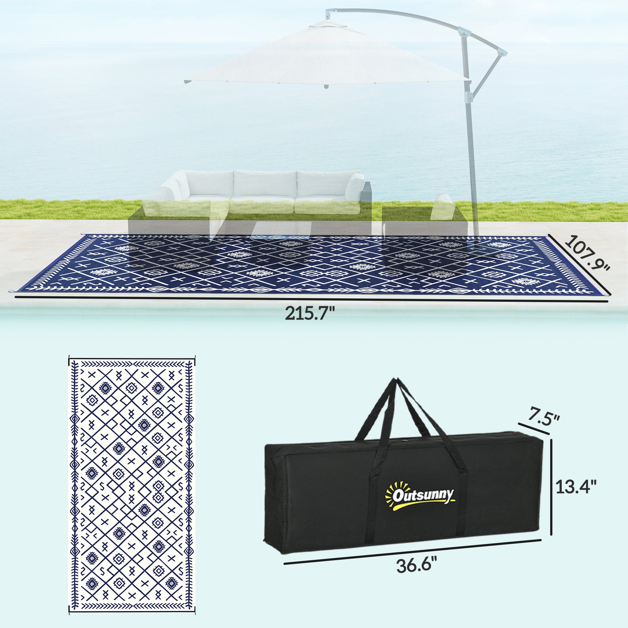 Reversible Outdoor Rug, Waterproof Plastic Straw with Carry Bag, 9' x 18', Blue & White Rhombus