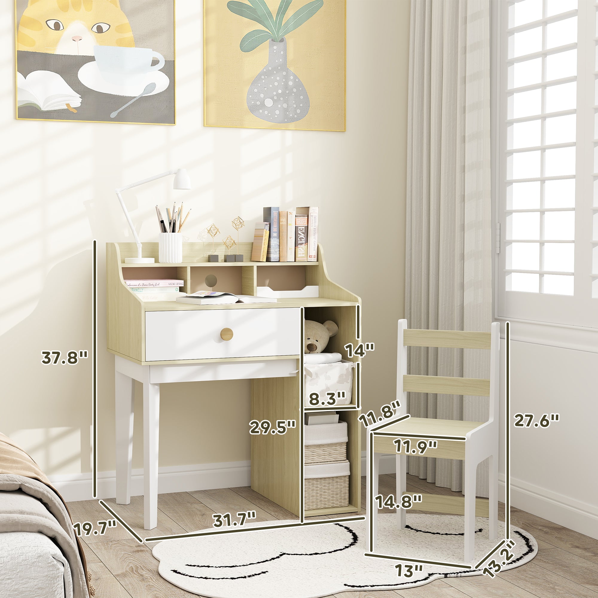 Kids Desk and Chair Set with Storage Shelves, Drawer for 3-10 Years, White