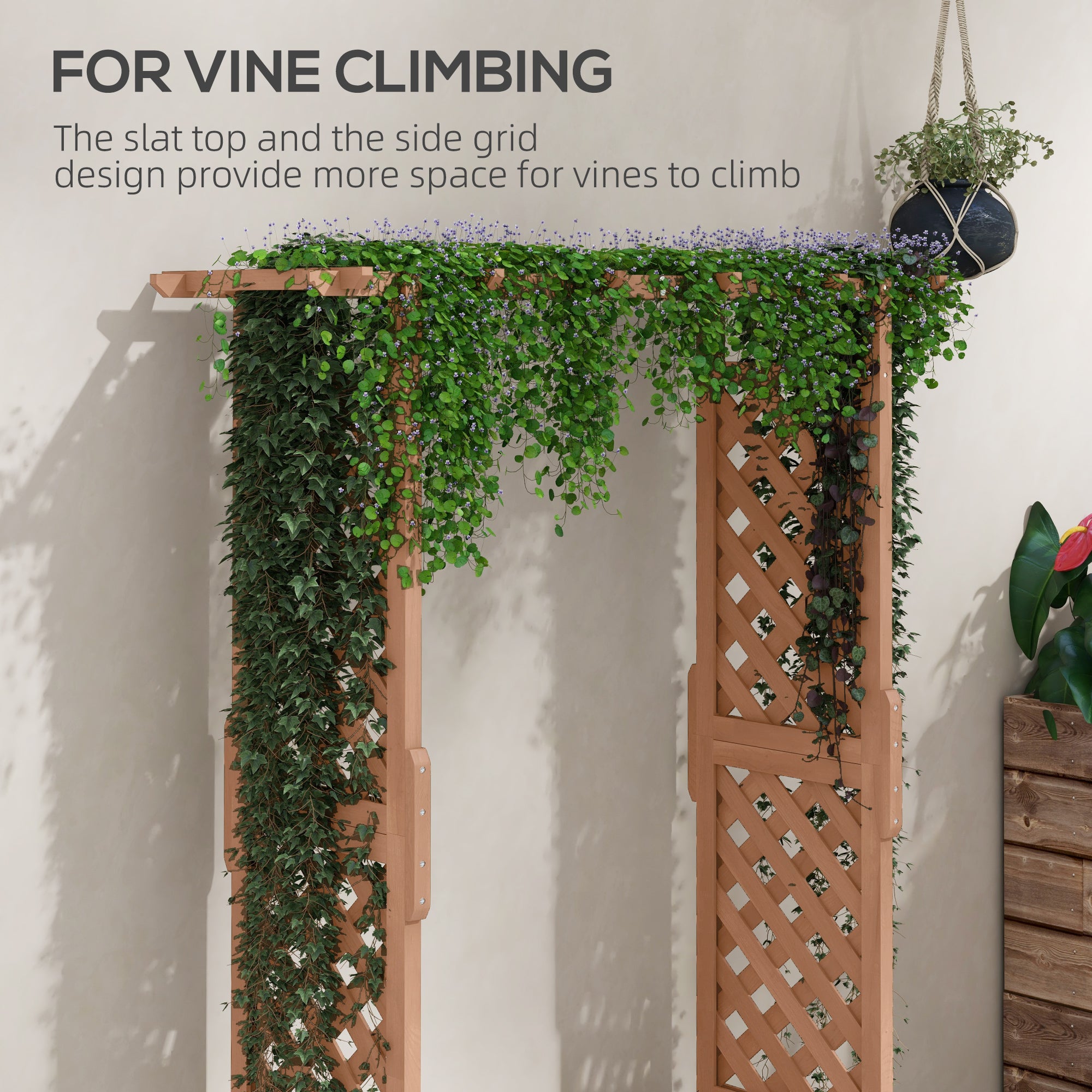 Raised Garden Bed with Trellises and Roof for Climbing Plant Vine, Hanging Flowers, 70.75" Tall Outdoor Wood Planter Box with Drainage & Filter