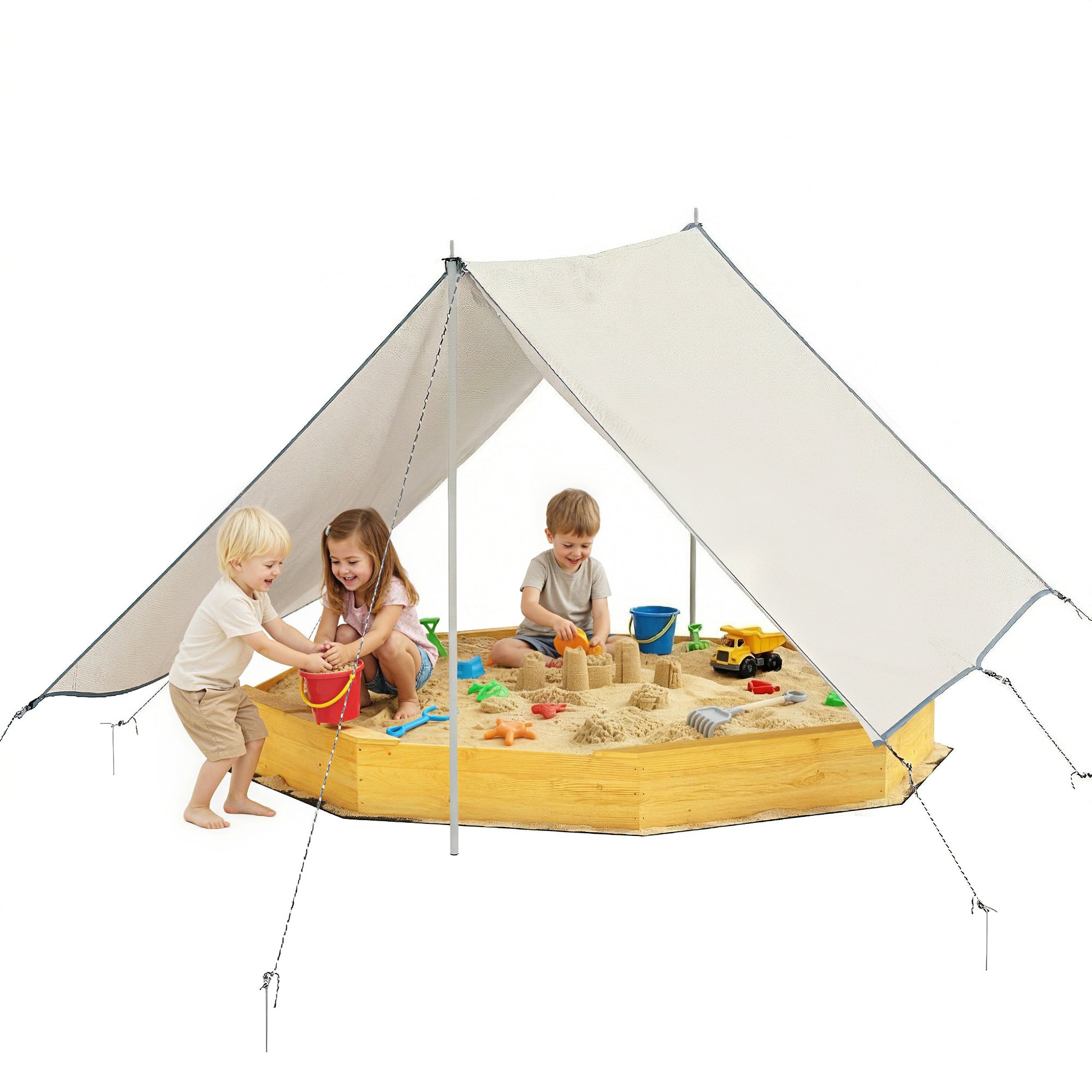 Wooden Sandbox with Large Canopy, Outdoor Sand Box with 4 Bench Seats, Bottom Liner for 8 Kids Aged 3-8, Yellow