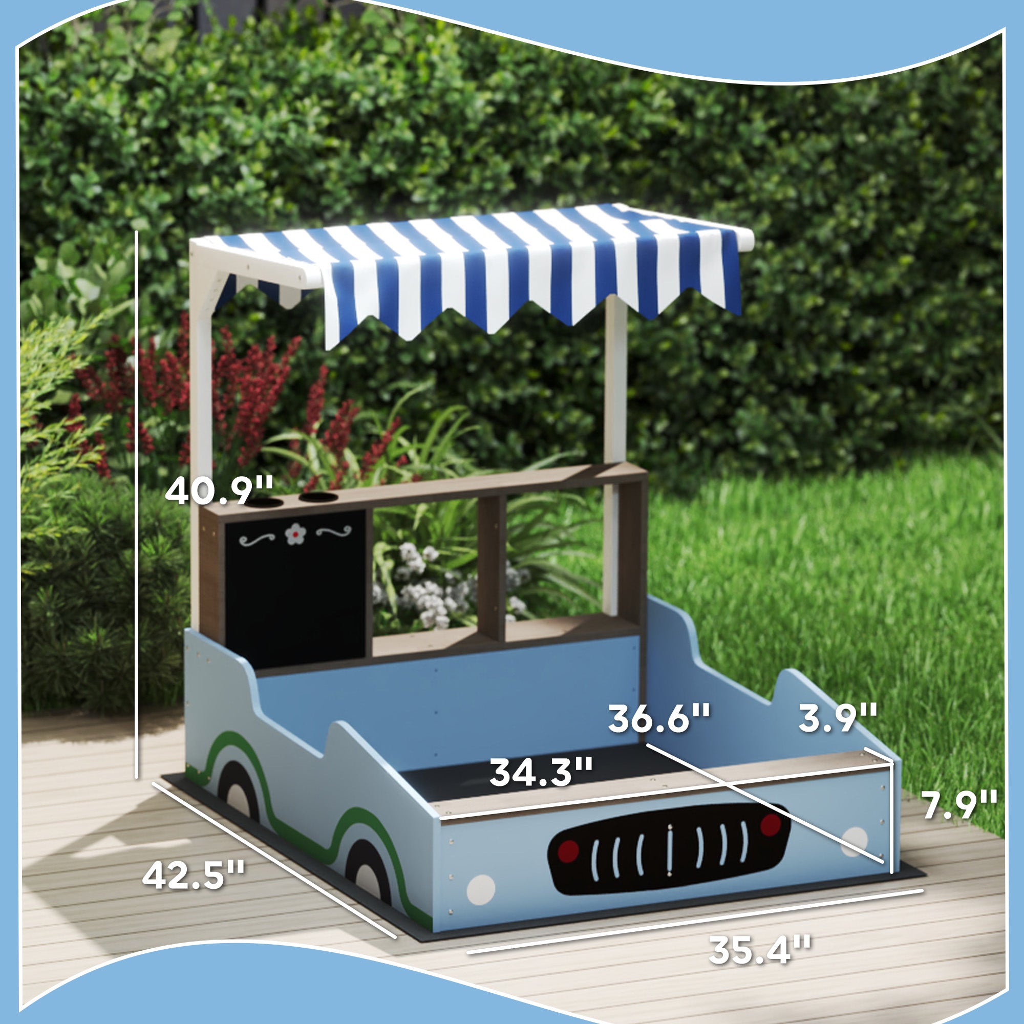 Kids Wooden Sandbox with Canopy with Bench Seats, Bottom Liner, Drawing Board, Planting Boxes for Backyard, Garden, Blue