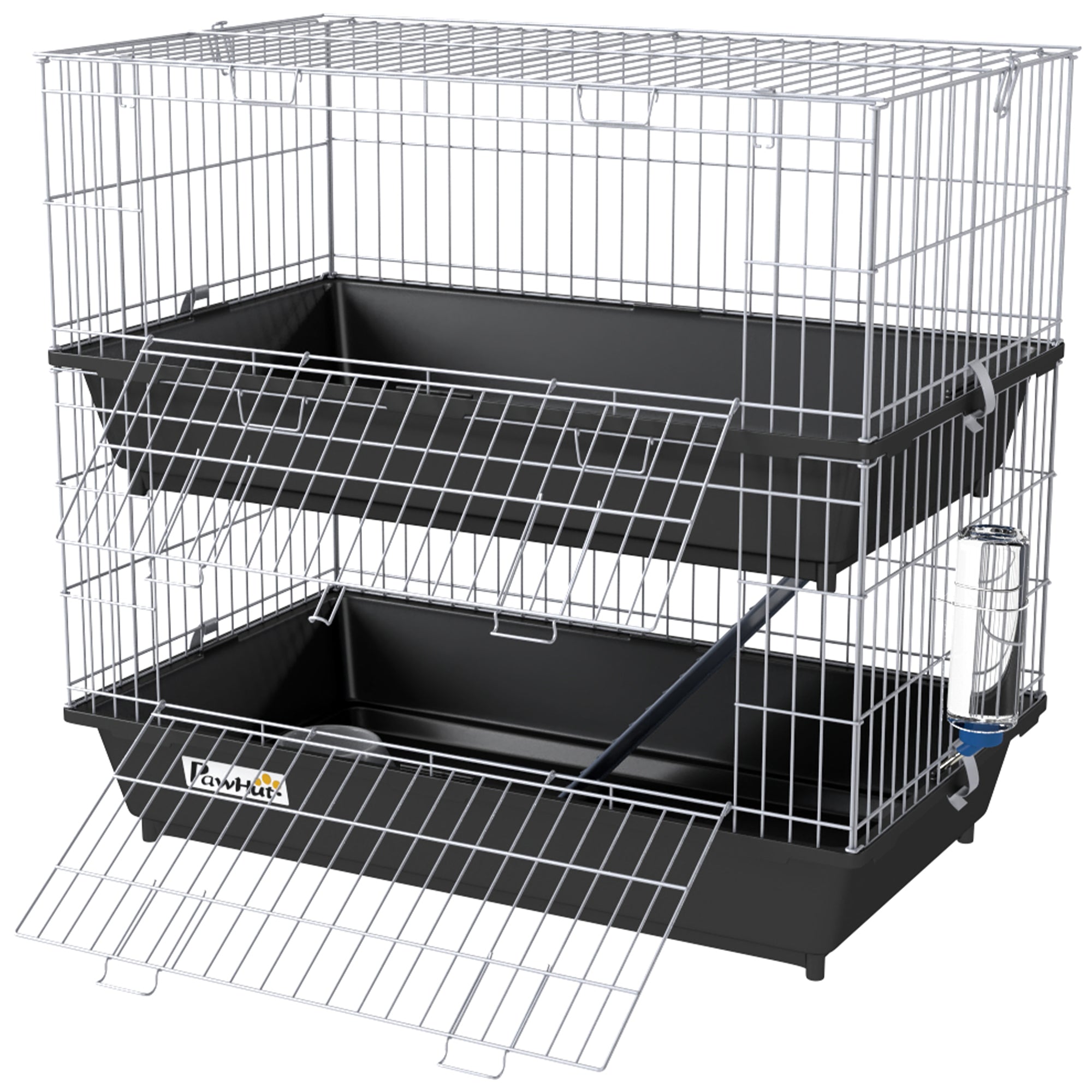 2-Tier Small Animal Cage with 2 Doors, Trays, Dish, Bottle, and Ramp for Bunny, Ferret, Chinchilla, Black