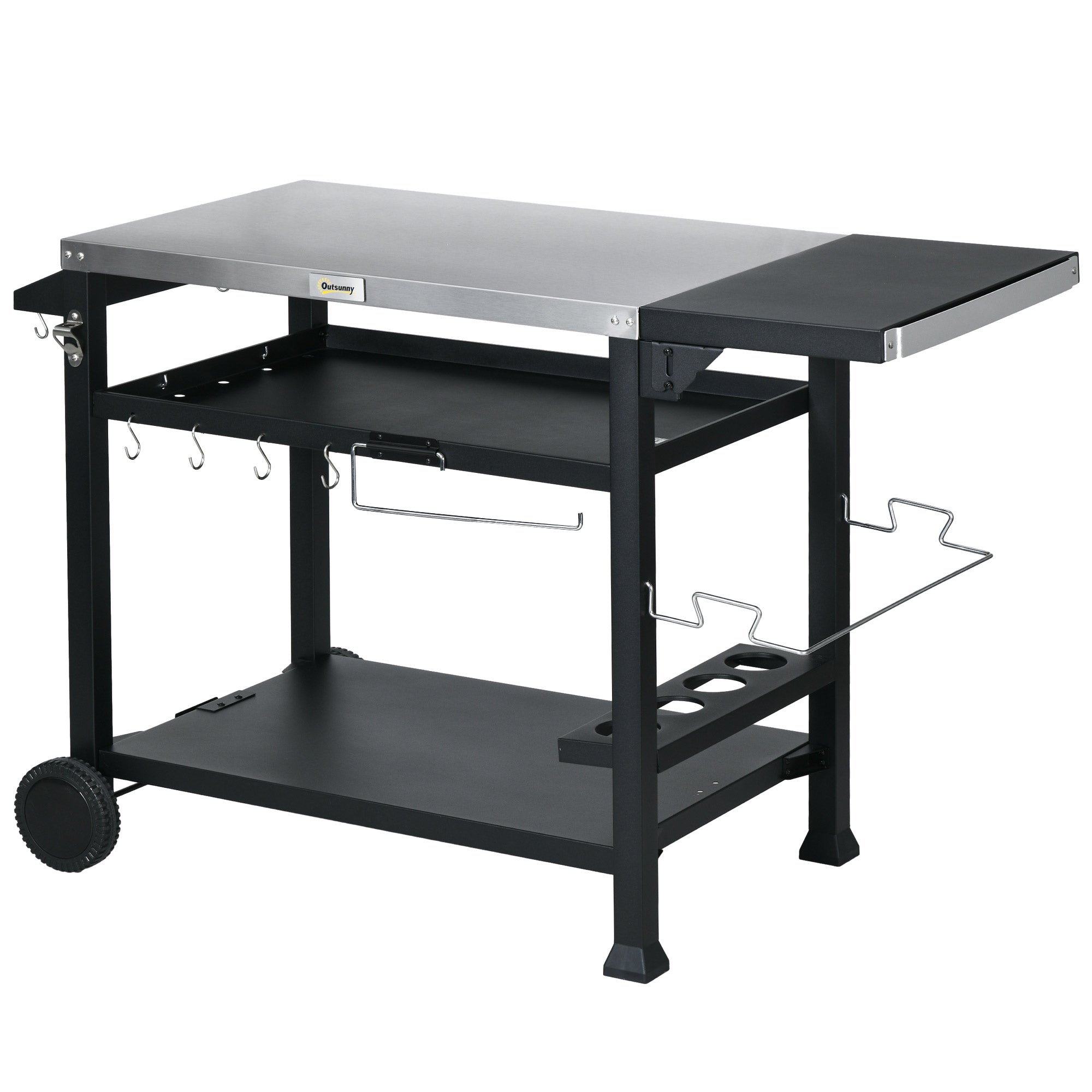 3-Shelf Outdoor Grill Cart Table with Foldable Side Table, Stainless Steel Pizza Oven Stand on Wheels, Black