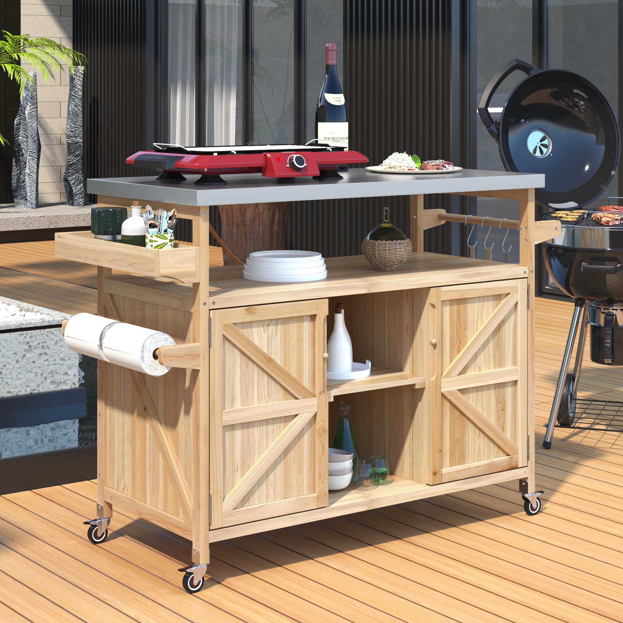 Outdoor Kitchen Island with Stainless Steel Top, Spice and Towel Rack, Rolling Bar Cart with Lockable Wheels, 50" L x 18.5" W x 36.5" H, Natural