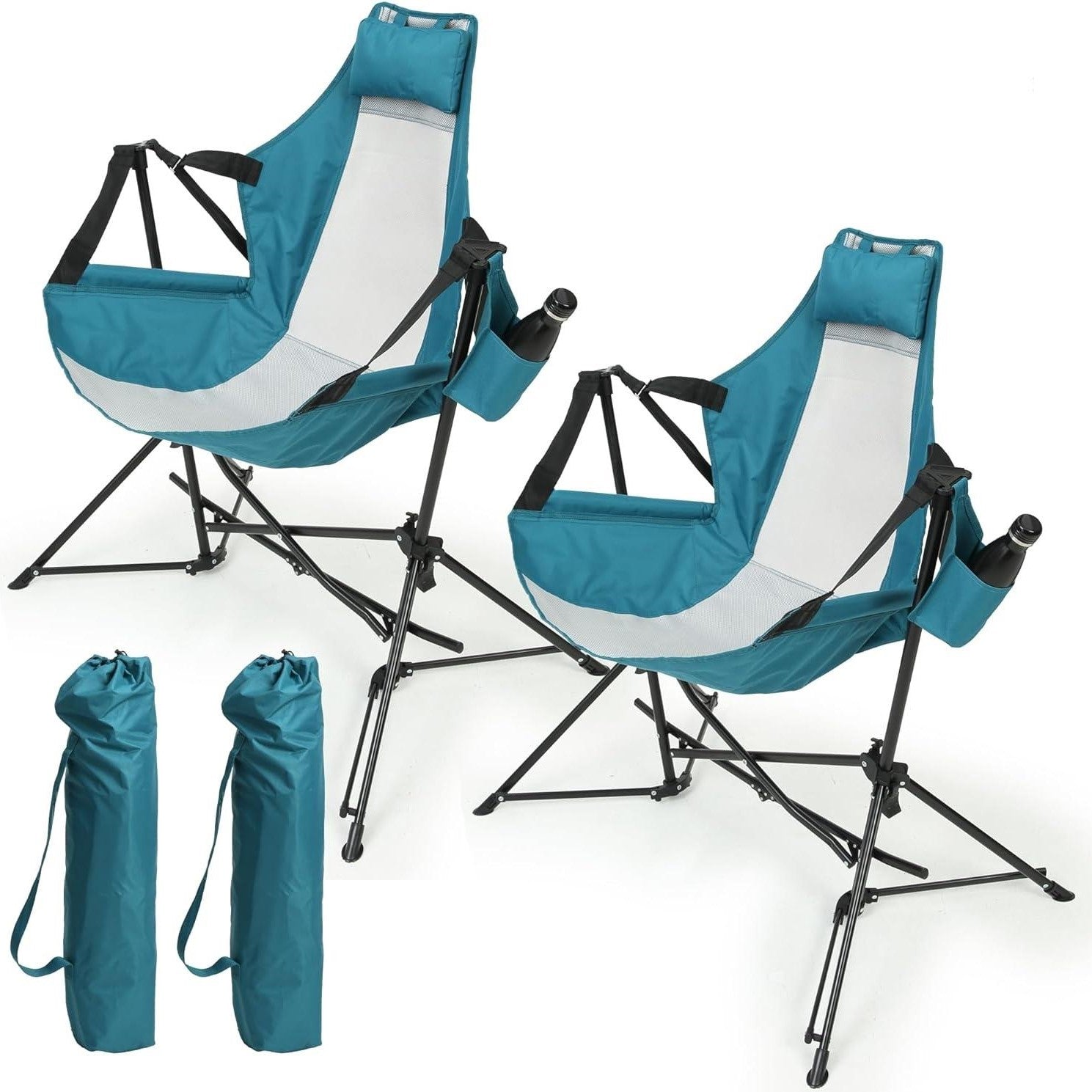 Set of 2 Hammock Camping Chair with Adjustable Back, Cup Holder, Carry Bag, Folding Portable Chairs with Pillow, 35" L x 38" W x 42" H, Blue