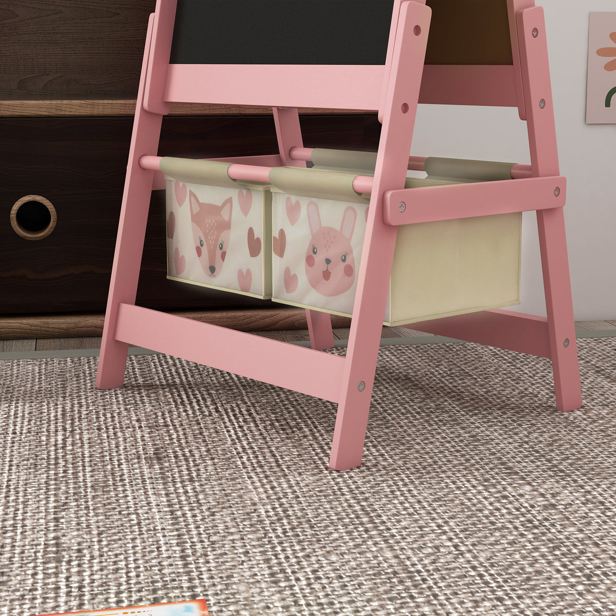 Art Easel for Kids with Paper Roll, Blackboard, Whiteboard, Storage, Pink