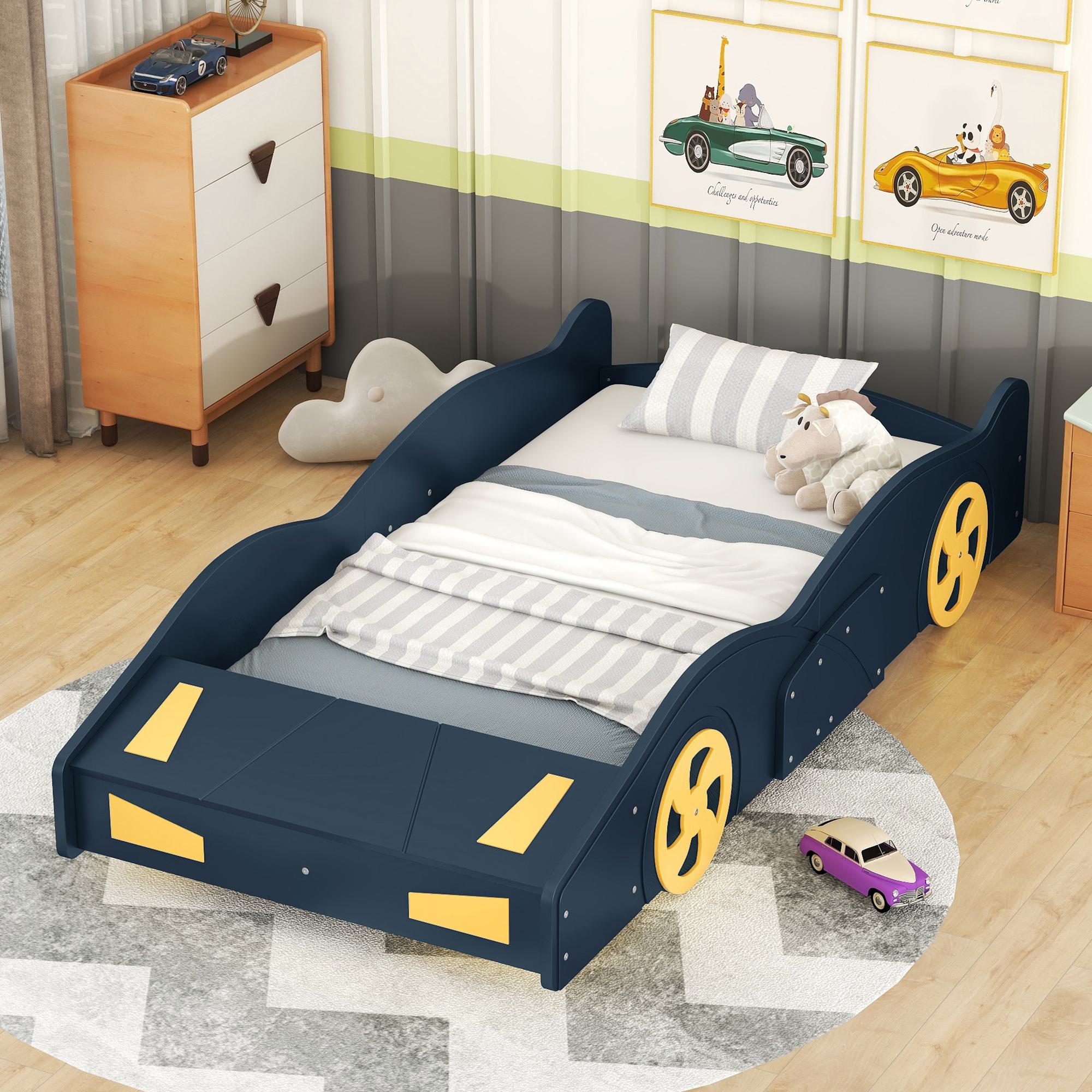 Twin Size Race Car-Shaped Platform Bed with Wheels and Storage, Solid Wood and MDF, 90.5" L x 40" W x 15.5" H, Dark Blue