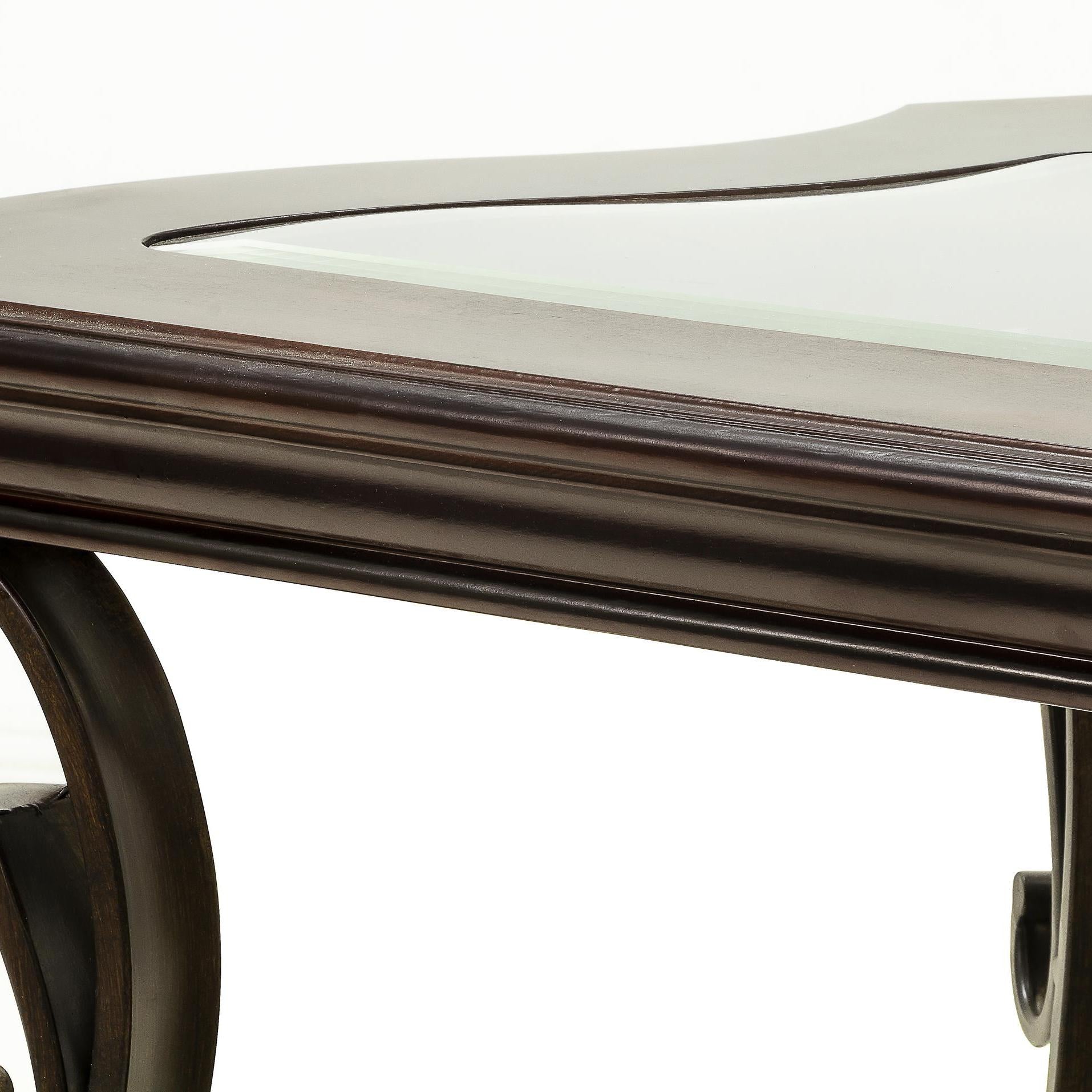 Stylish Sofa Table with Beveled Glass Top, MDF Birch Veneer Middle Shelf, Desk with Powder-Coated Serpentine Legs, 54" L x 20" W x 30" H, Brown