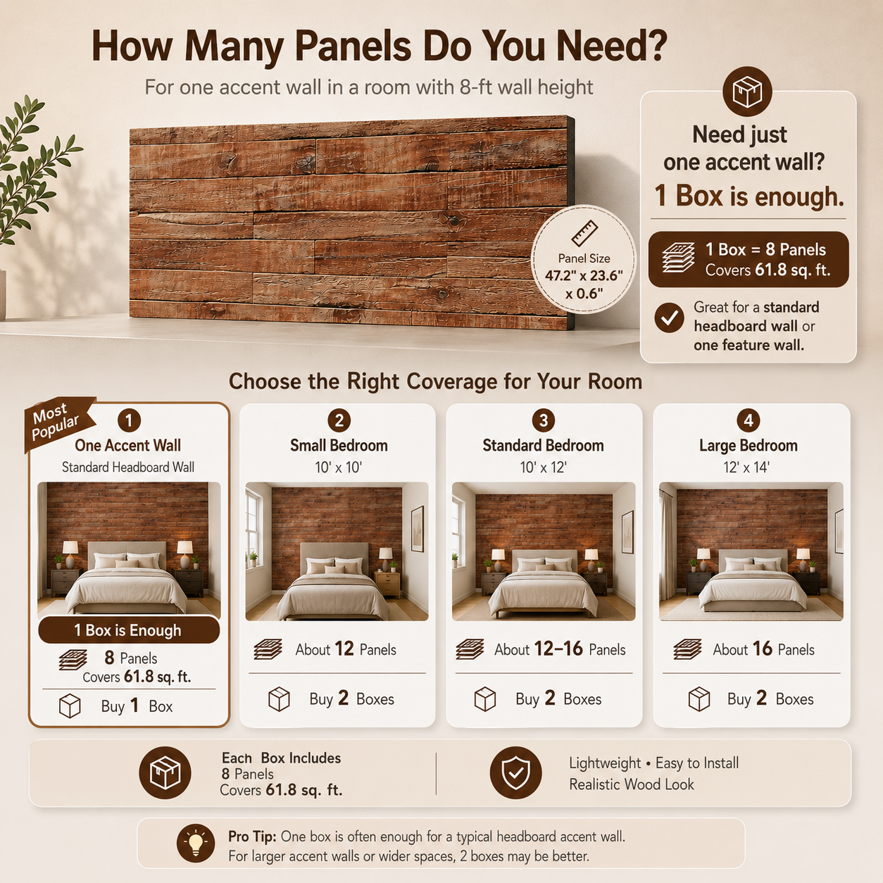 8-Pack 3D Faux Wood Wall Panels, Lightweight Polyurethane Panels for Interior and Exterior Accent Walls, Brown