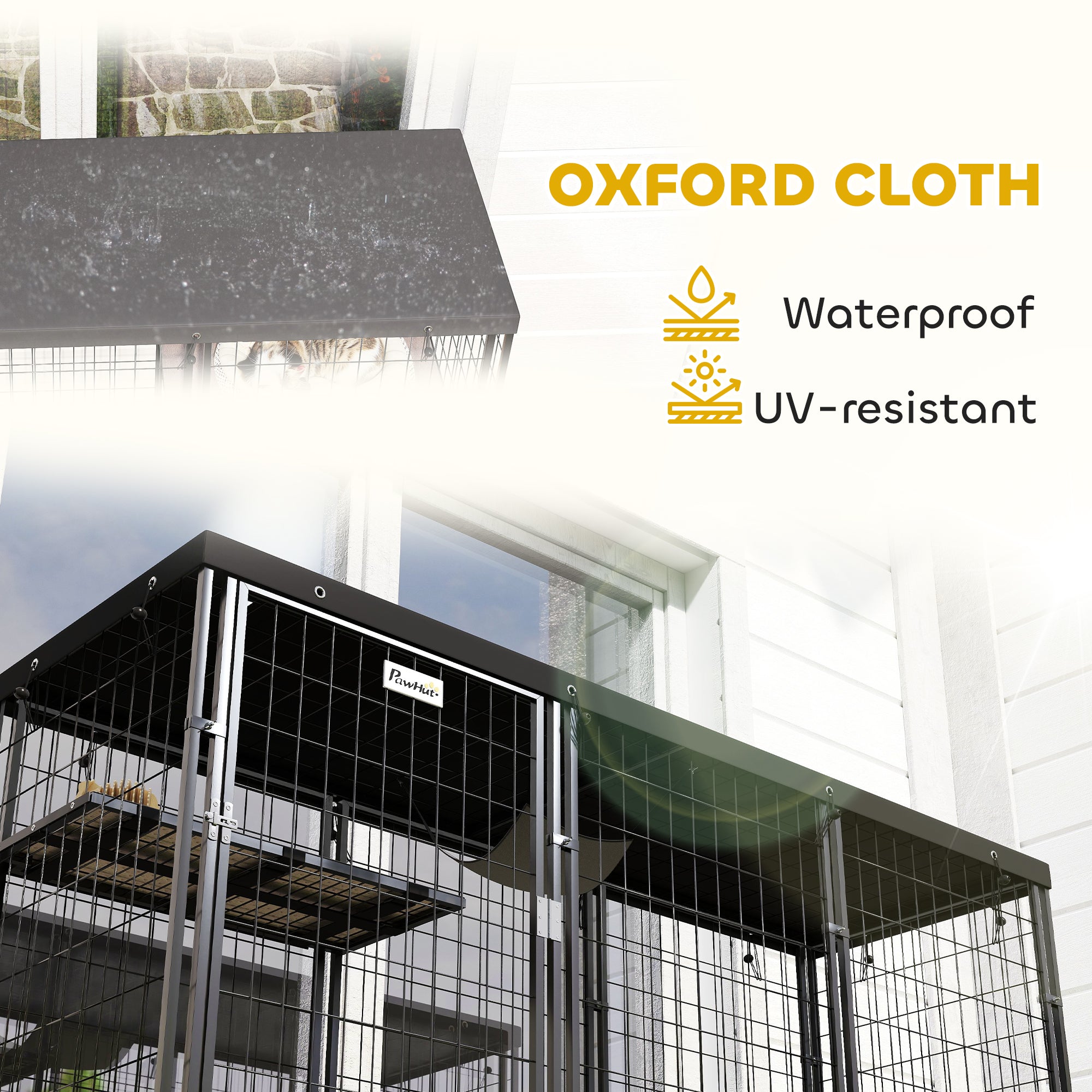Weld Wire Catio Outdoor Indoor with Waterproof Cover, 4 Jumping Platforms, Hammock, for 1-3 Kittens, 69" x 22" x 62"