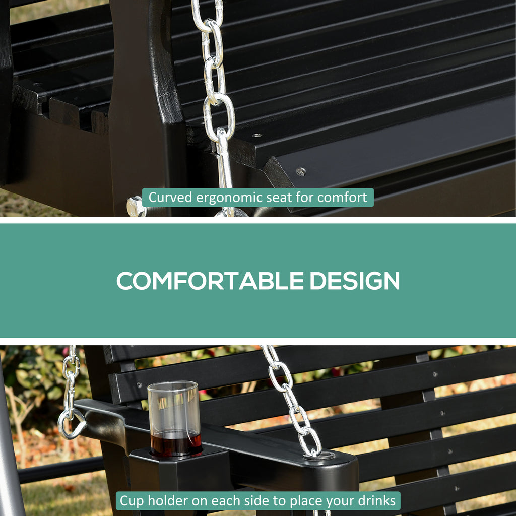 Porch Swing with Chains and Cupholders, 2 Person Wooden Patio Swing Chair, 440 lbs. Weight Capacity, for Garden, Poolside, Backyard, Black
