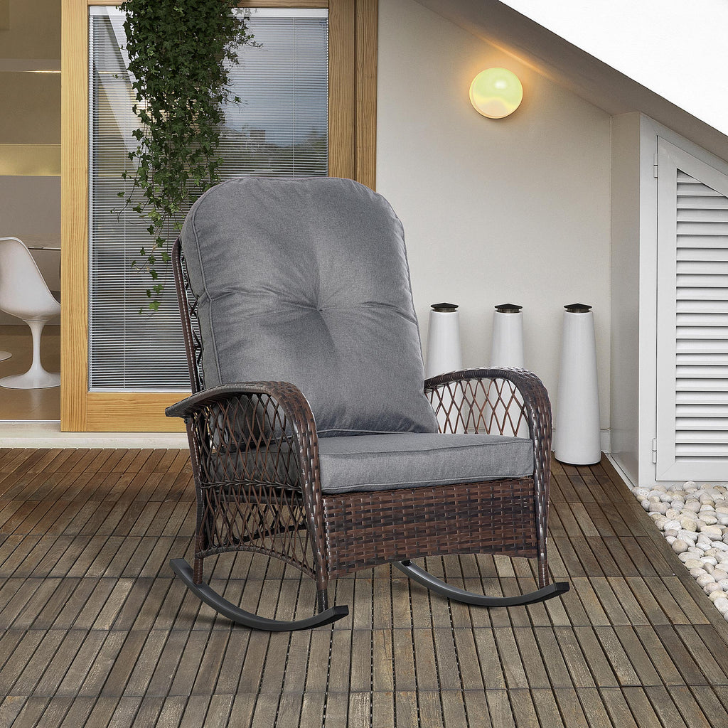 Rattan Porch Rocker w/ Plush Cushion, Gray