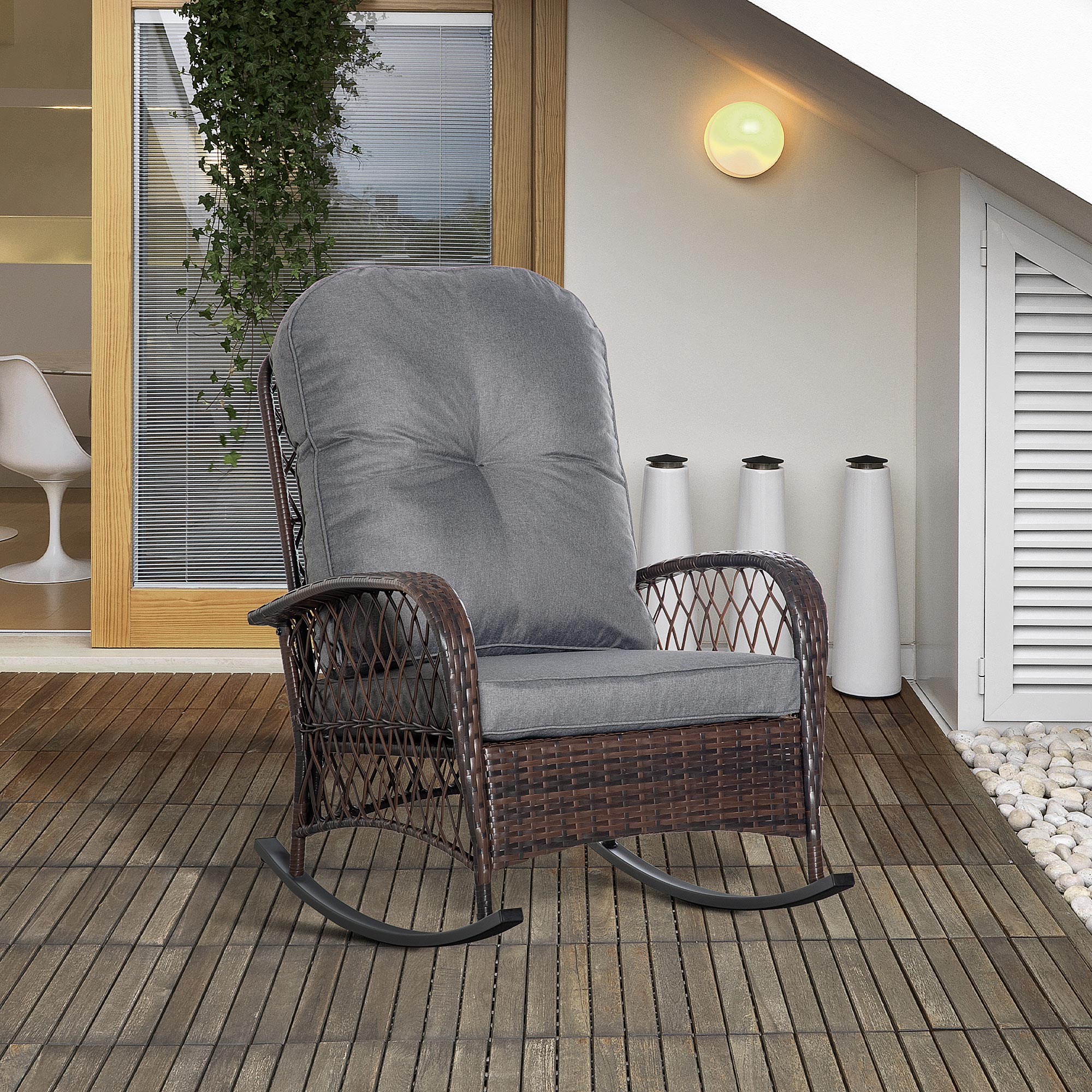 Rattan Porch Rocker w/ Plush Cushion, Gray