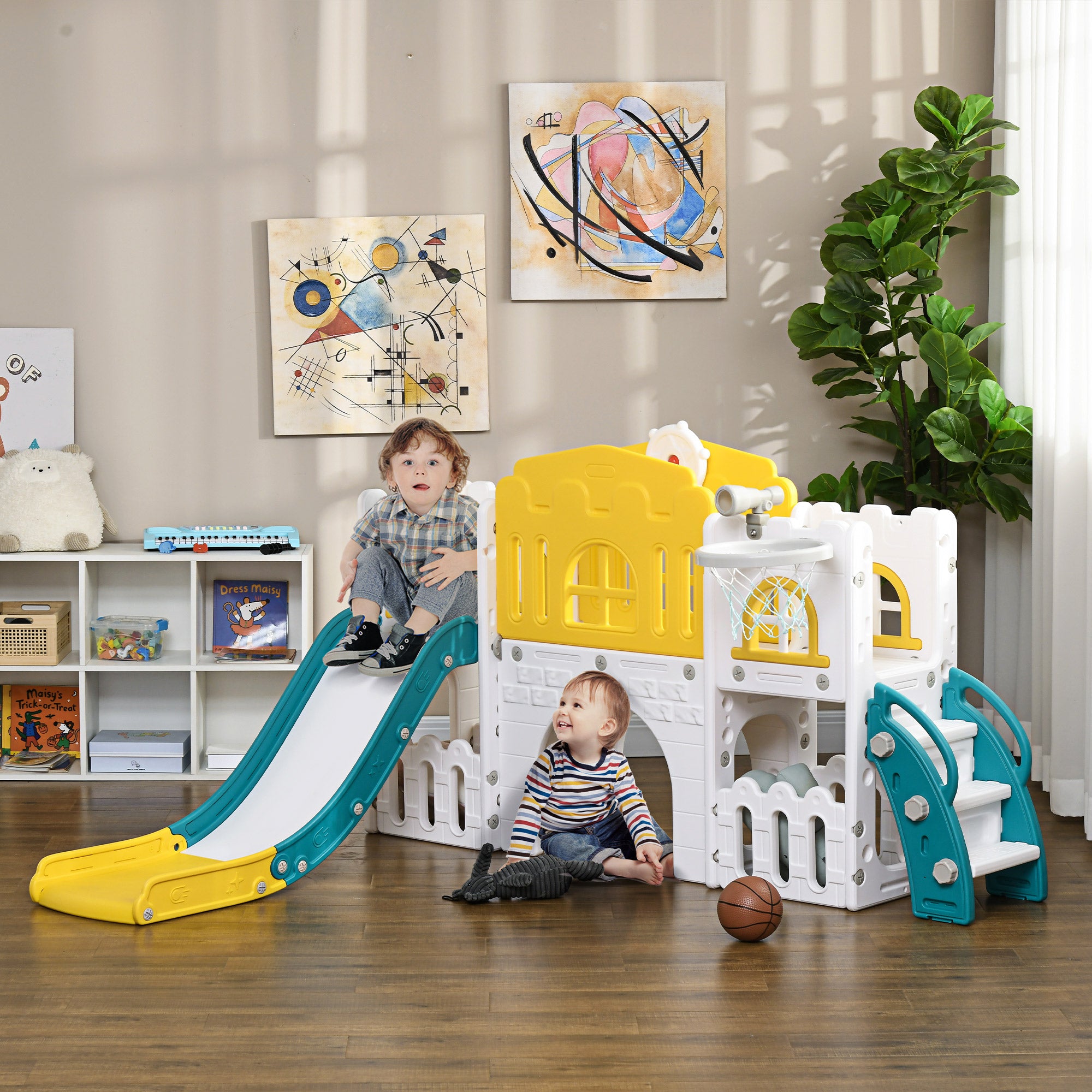 9 in 1 Toddler Slide for Kids Age 1-3 Years with Basketball Hoop, Climber, Telescope, Tunnel, Steering Wheel, Aisle