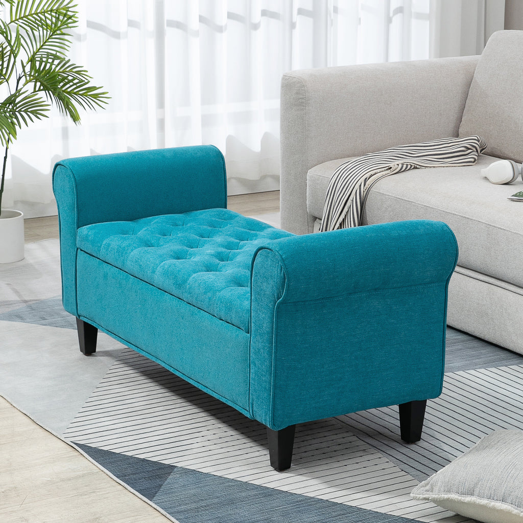 50 Inches Storage Ottoman, End of Bed Bench with Rolled Arms, Wood Legs, Button Tufted Storage Bench, Teal