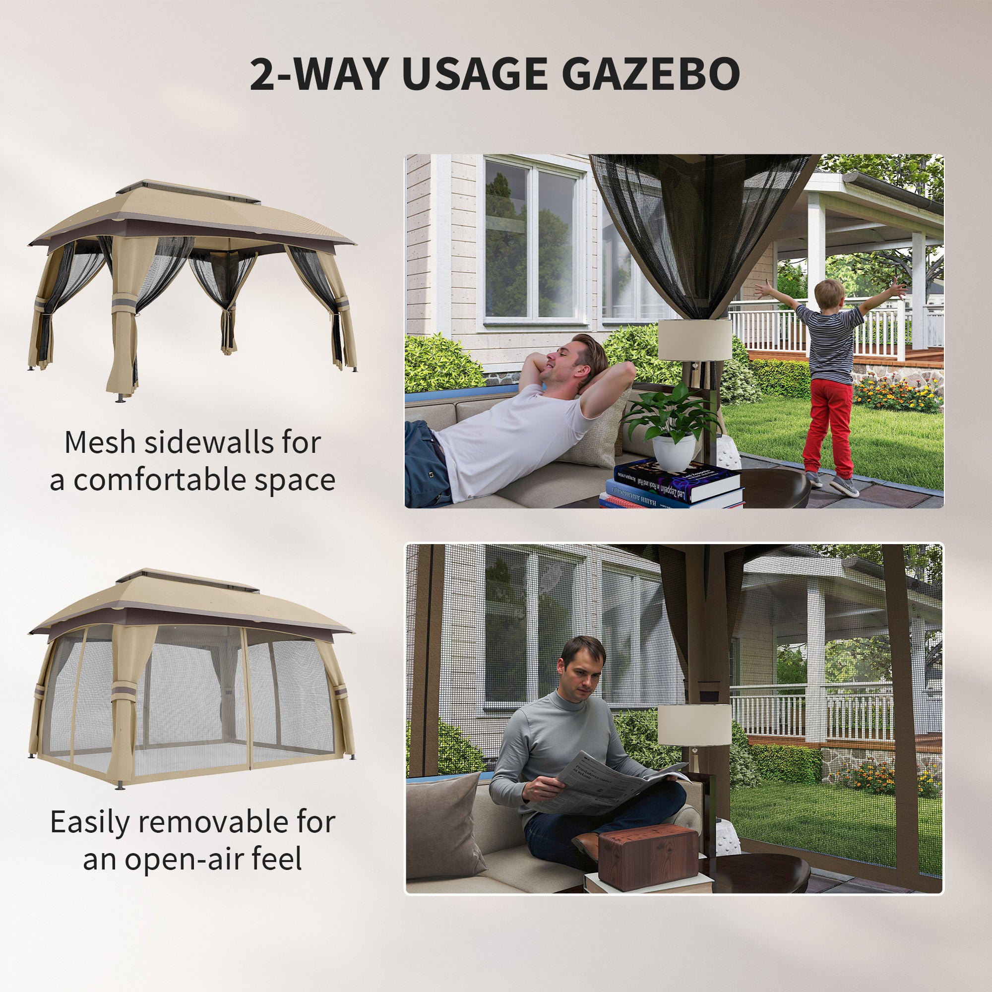10' x 13' Patio Gazebo, Outdoor Gazebo Canopy Shelter with Netting, Vented Roof for Garden, Beige
