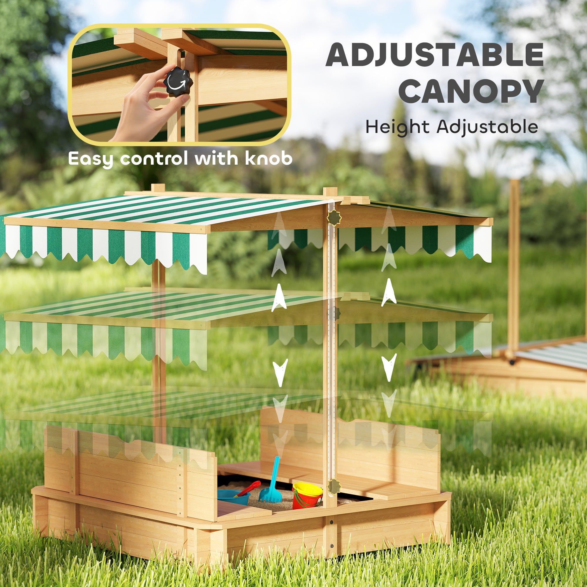 Wooden Kids Sandbox with Cover, Children Outdoor Sand Box with Foldable Bench Seats and Adjustable Canopy