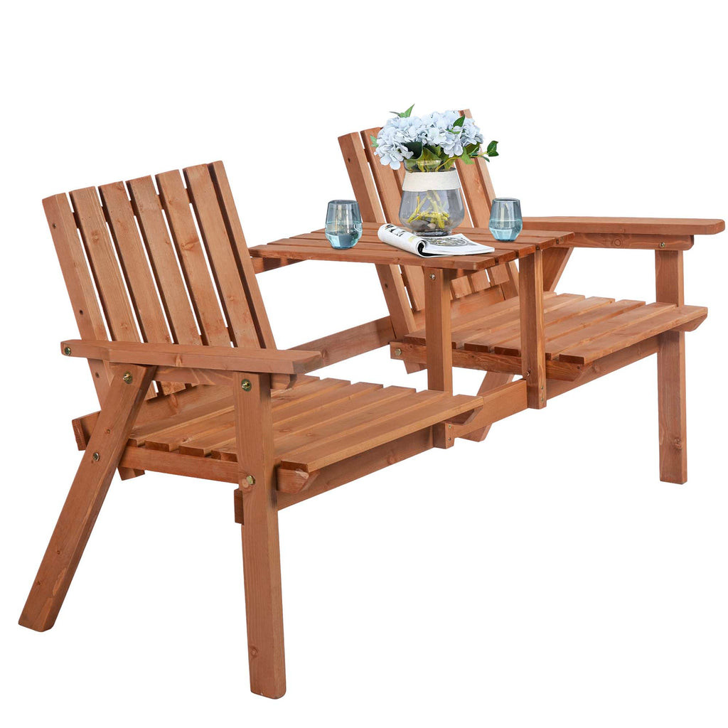 Patio Bench, Garden Bench with Middle Table and Umbrella Hole, Wooden Outdoor Bench for Patio, Porch, Poolside, Balcony, Orange