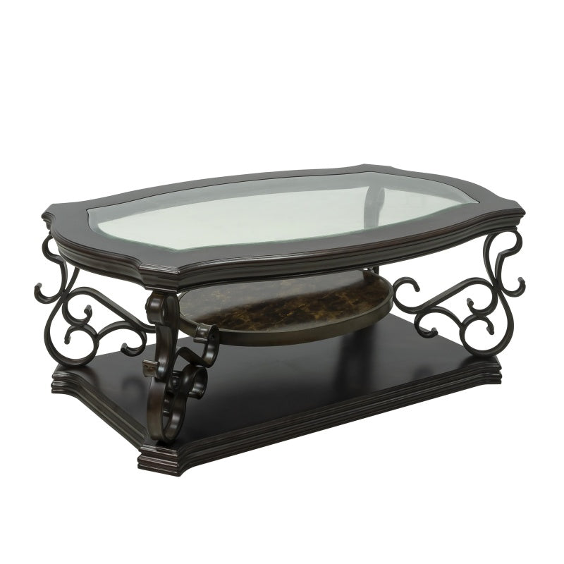 Cocktail Table with Tempered Beveled Glass Top, Marble Paper, Powder-Coated Metal Legs, Desk for Living Room, 52" L x 32" W x 20.5" H, Brown