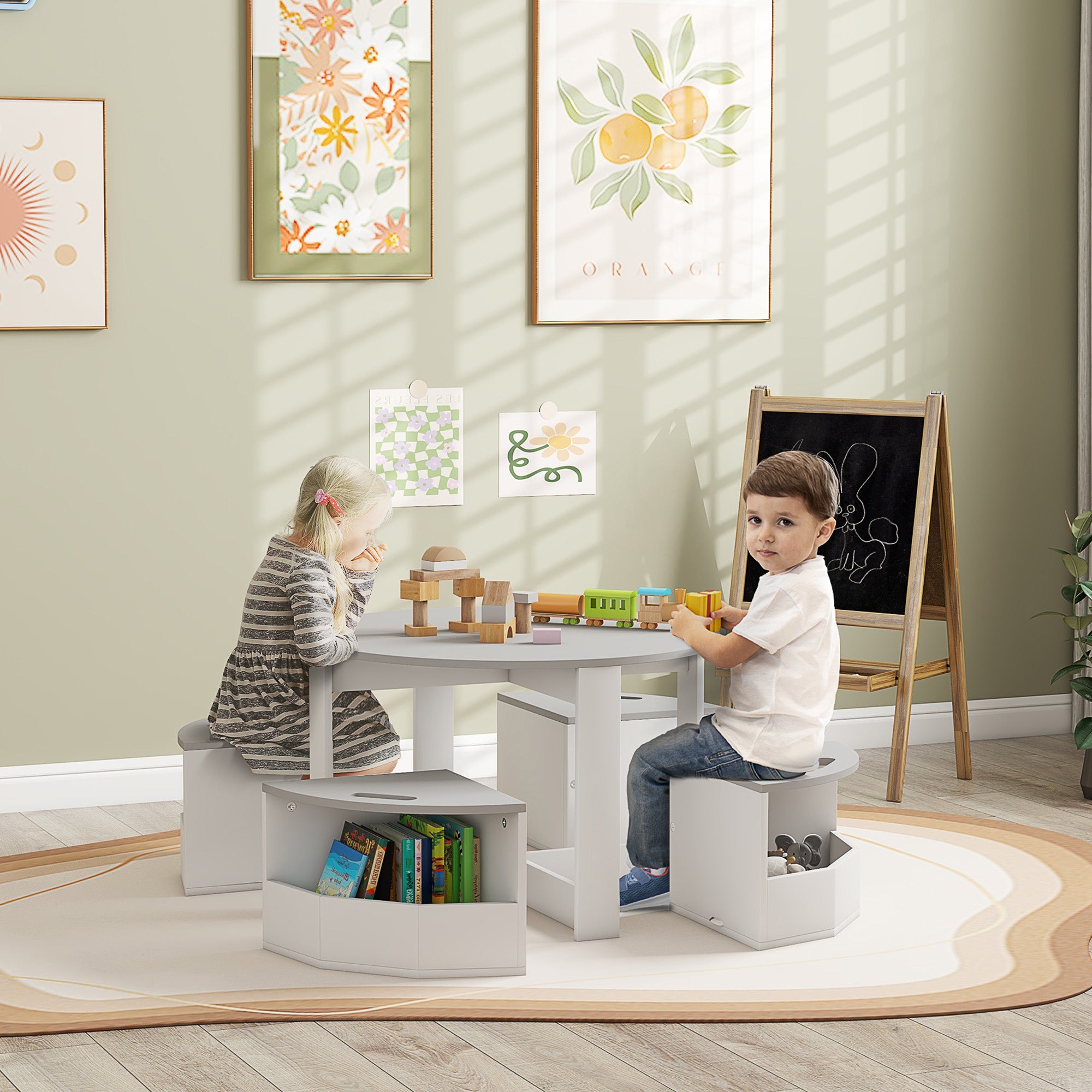 5 Piece Kids Table and Chairs Set with Storage for Art, Craft, Drawing, Playroom, Classroom, Nursery, Gray