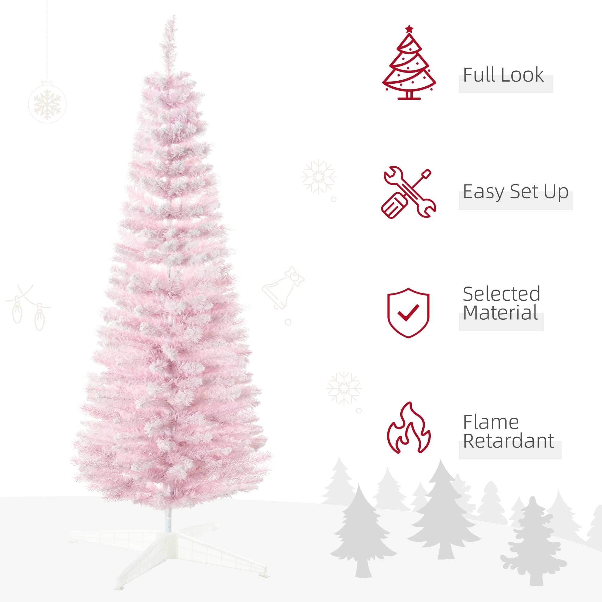 5' Decorated Christmas Tree Snow Flocked Artificial Christmas Tree with Pencil Shape, Realistic Branches, Pink