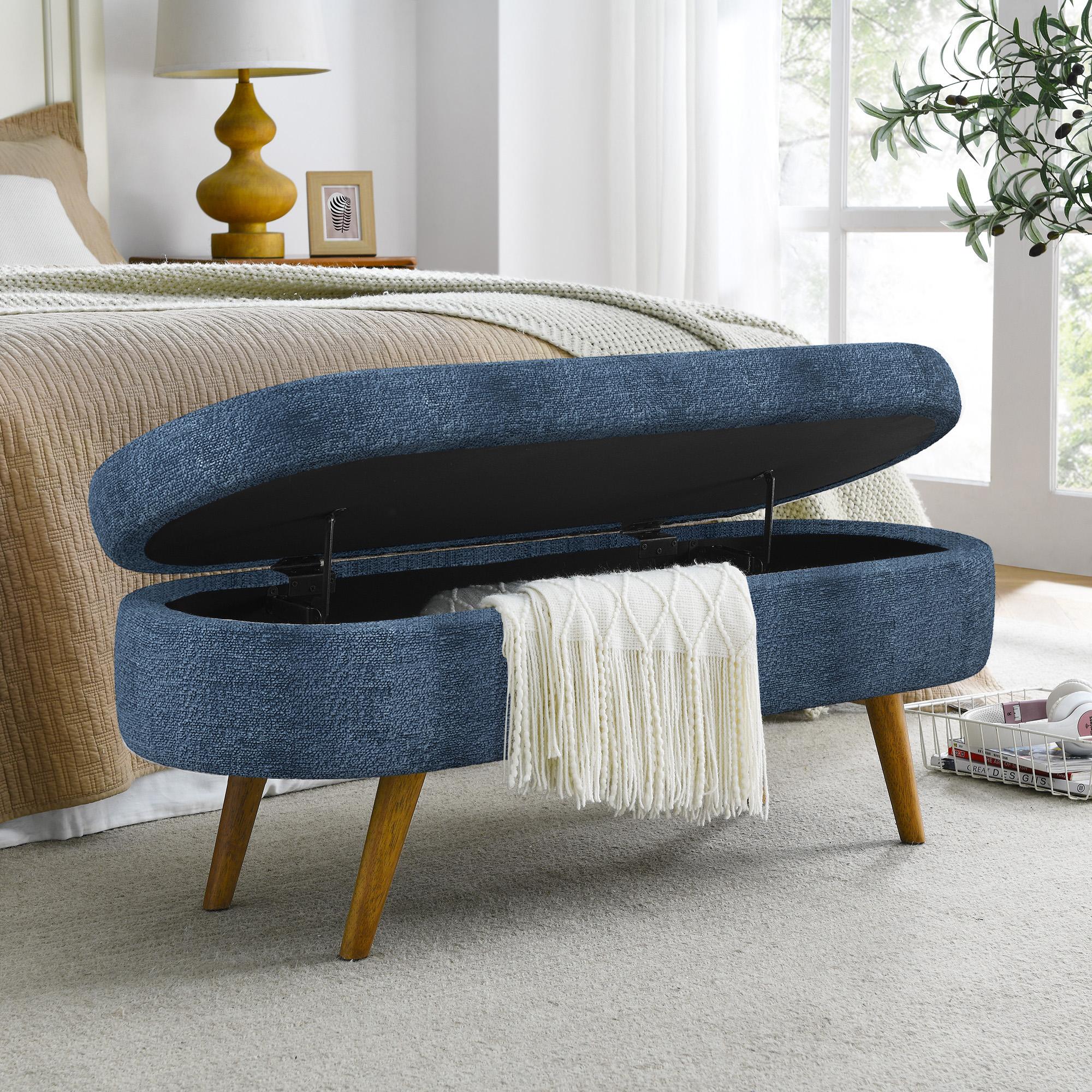 Oval Storage Ottoman Bench with Foam Cushion and Sturdy Rubberwood Legs, Multi-Use Footstool for Bedroom, 43.5" L x 16" W x 16" H, Dark Blue