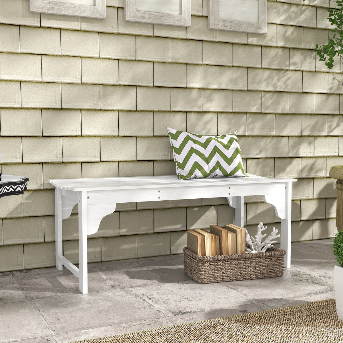 Slatted Wooden Garden Bench, Curved Seat Front Porch Bench, White