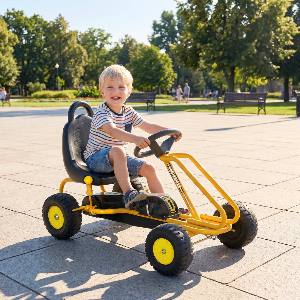 Go Kart for Kids, 4 Wheel Pedal Go Cart with Adjustable Seat, Safety Hand Brake for Boys Girls 3-6 Years, Yellow
