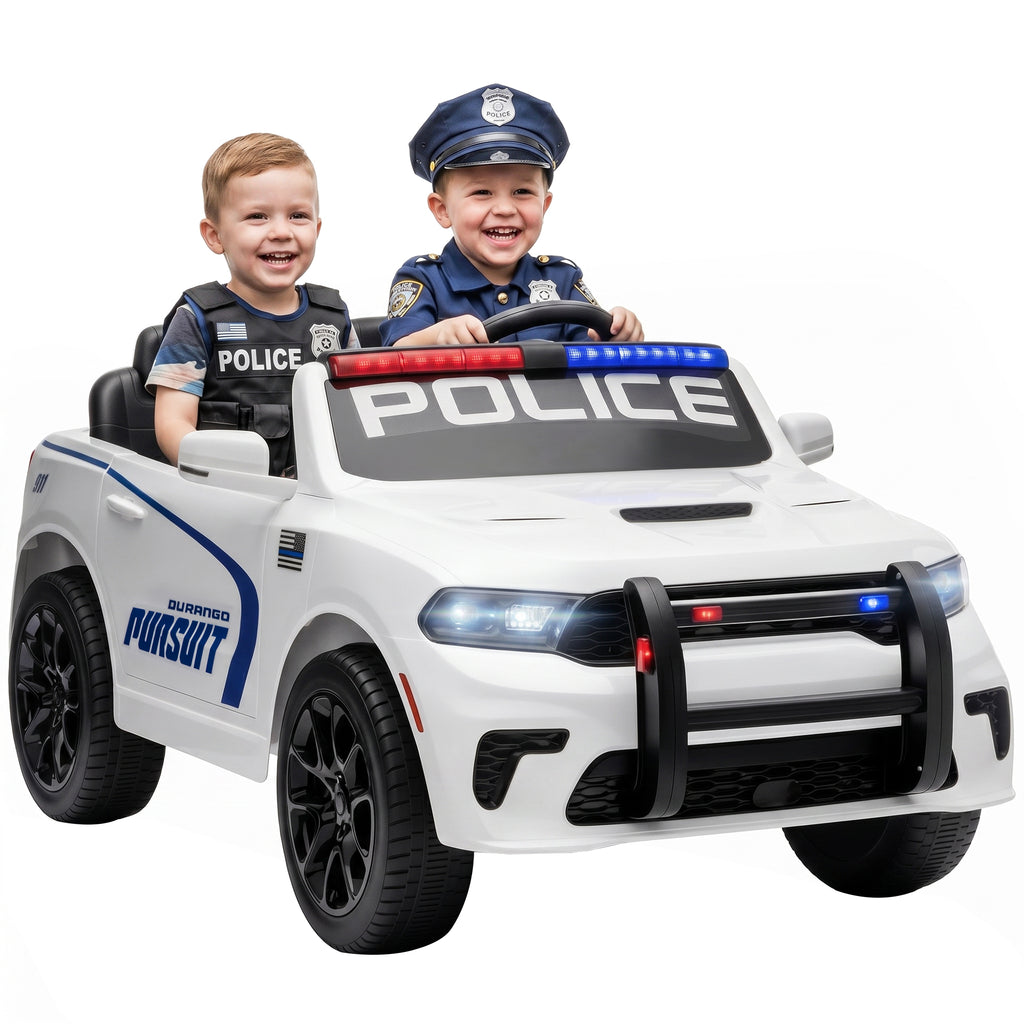 Licensed Ride On Police Car for Kids with 2 Seater, Remote, Suspension, Flashing Lights, Siren for Ages 3-6, White