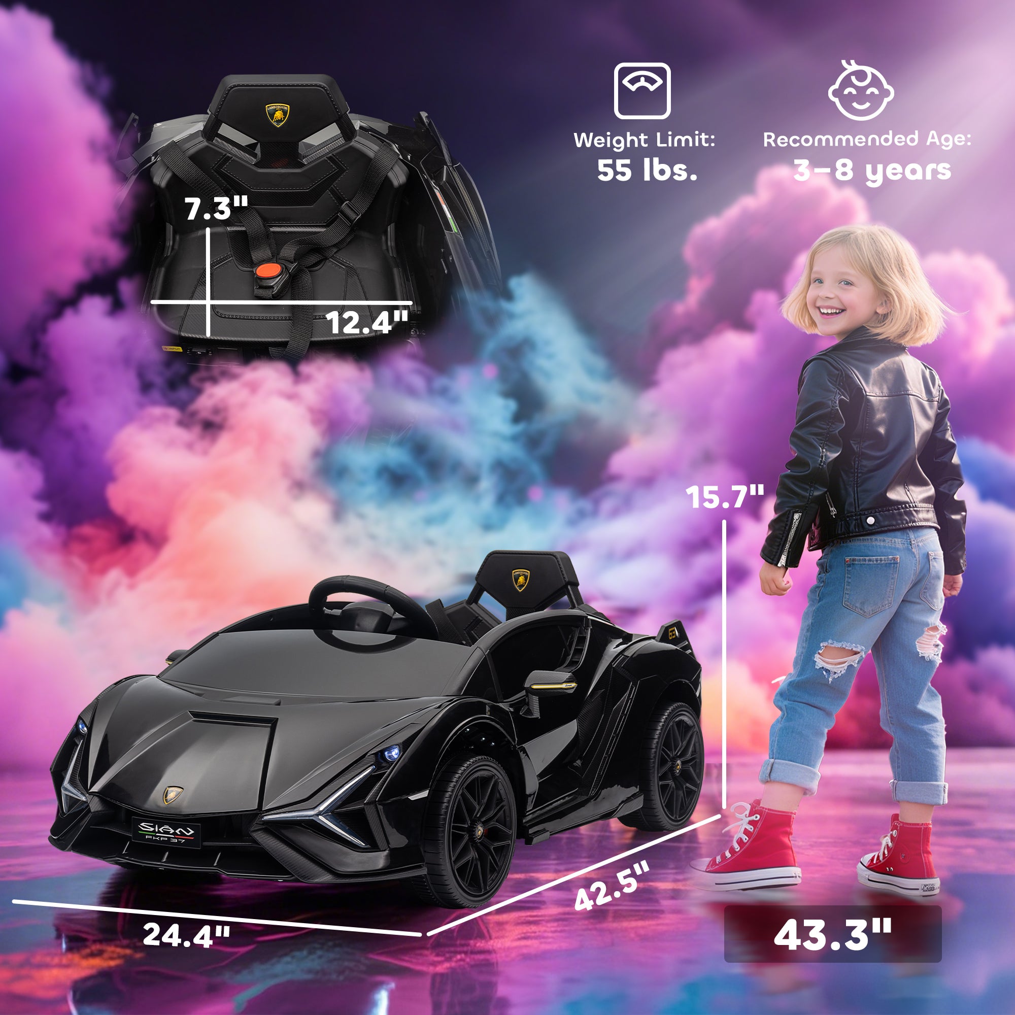 12V SIAN Licensed Electric Car for kids with Remote Control, Horn, Music, & Headlights, Black